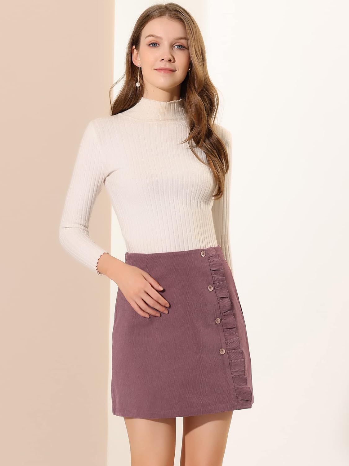 Allegra K Women's Corduroy Vintage Button Decor Ruffled Trim High Waist Short Skirt - Image 4