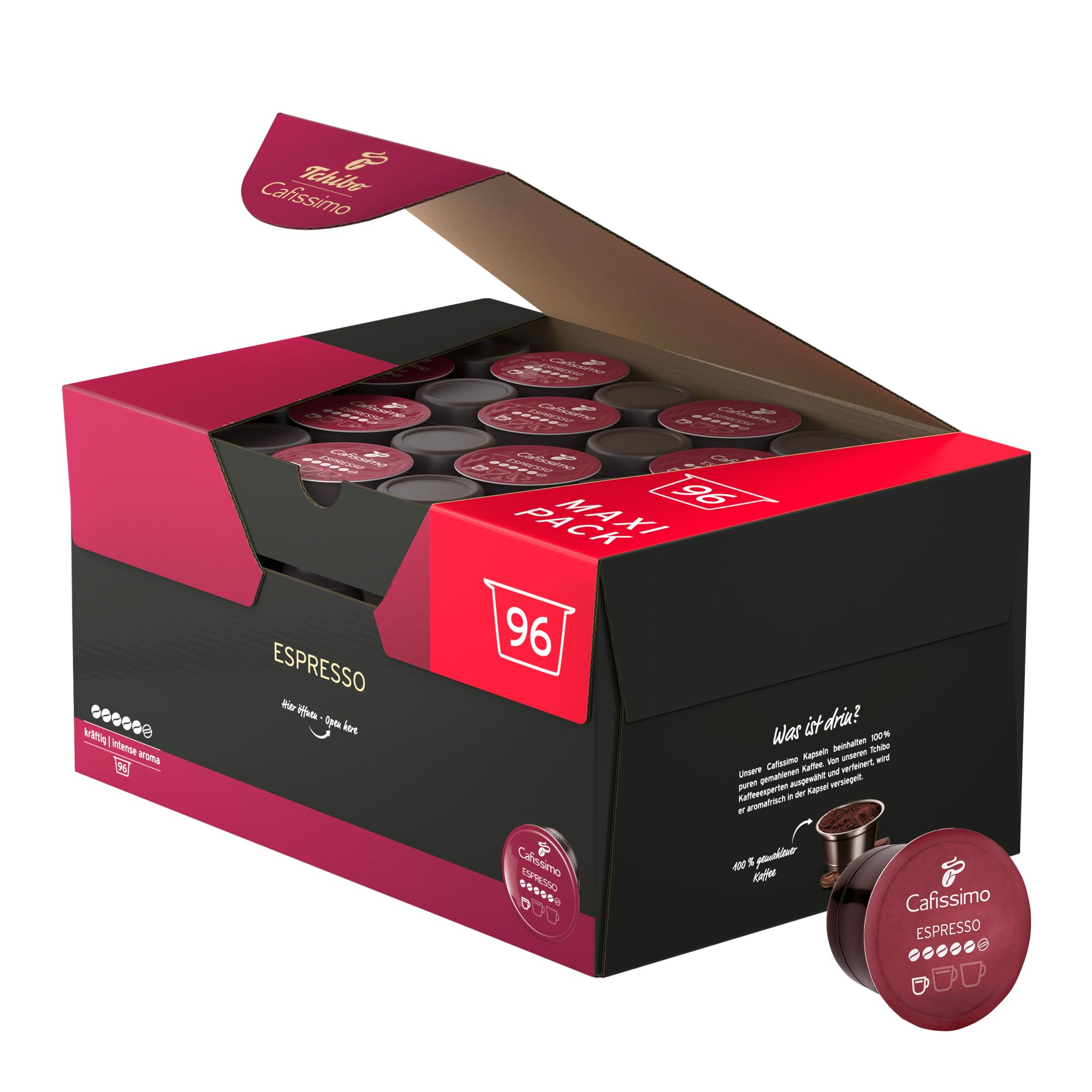 Tchibo Cafissimo Vorratsbox Espresso kräftig Kaffeekapseln, 96 Stück (Espresso, intensiv mit kräftigen Röstaromen), nachhaltig & fair gehandelt