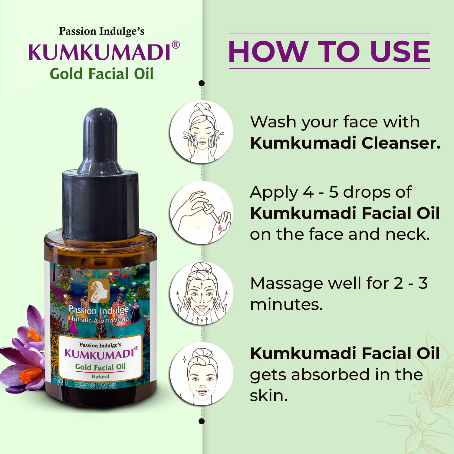 Passion Indulge Kumkumadi Gold Tailam for Face | Radiant & Revitalizes Skin – Ayurvedic Face Oil with Saffron, Vetiver, Essential Oils & 16 Herbs | Reduces Dark Spots & Signs of Aging – 1 fl oz