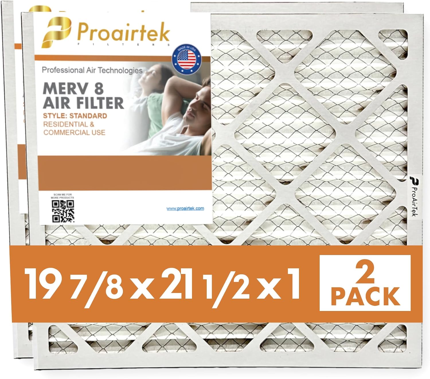 Proairtek AF19S21H1M08SWH Model Standard 19 7/8" x 21 1/2" x 1" Pack of 2 Air Filters, MERV 8; Ideal for Anyone Wanting Crisp Air in Their Home