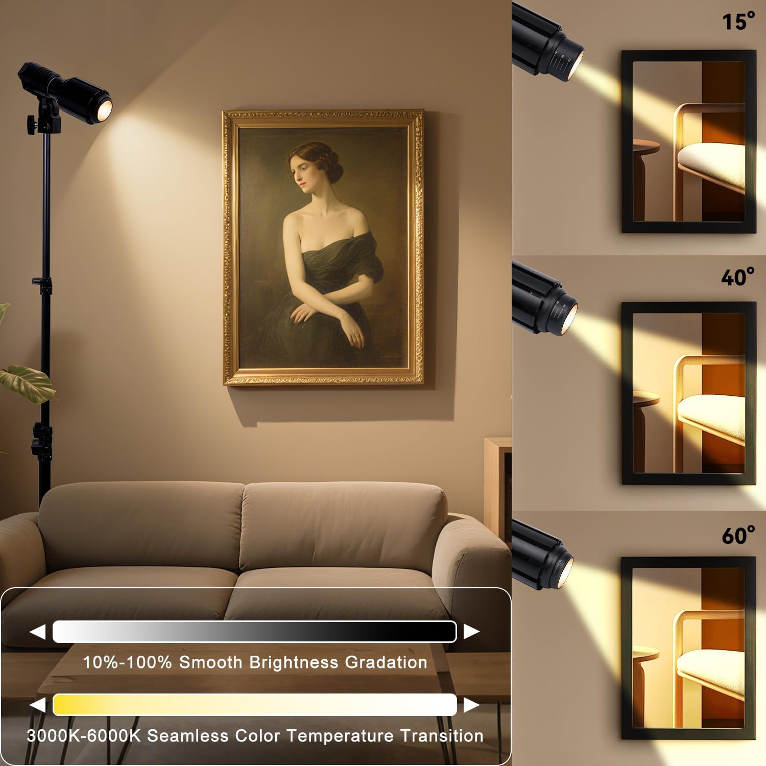 Spot Lights Indoor Tall, 22-63.5” Adjustable Tripod & 10W E26 Replaceable 15° to 60° Zoomable Floor Spotlight Indoor, Dimmable 6000K Up Light with Remote, Aluminum Plant Grow Light, Black