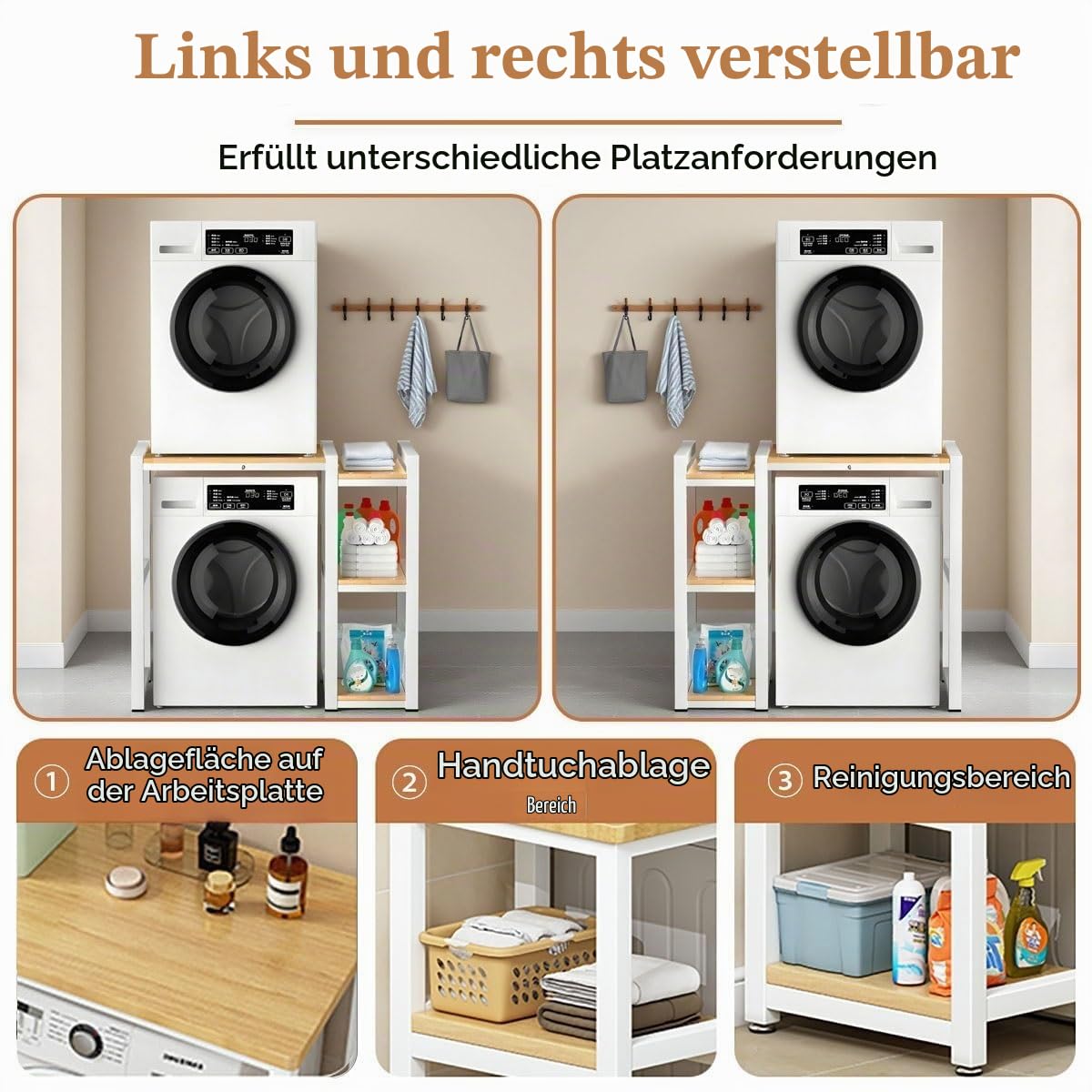 Waschmaschinenregal für Trockner mit Seitlichem Ablagefach, Regal über Waschmaschine, Höhenverstellbar, Waschmaschinenschrank mit Trockner für Badezimmer, Küche & Waschküche(White)