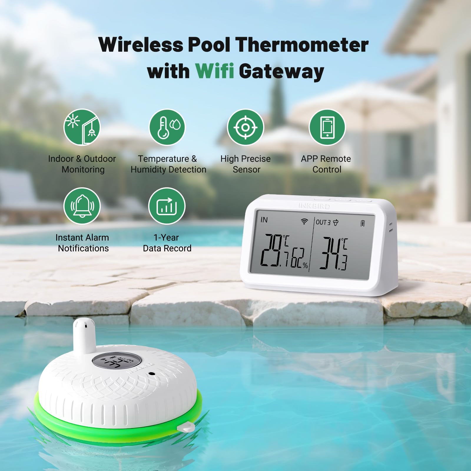Inkbird Schwimmendes Pool thermometer mit IBS-M2 Wlan Gateway-Kombination, App Steuerung, 9 Kanal für Schwimmbad, Teich