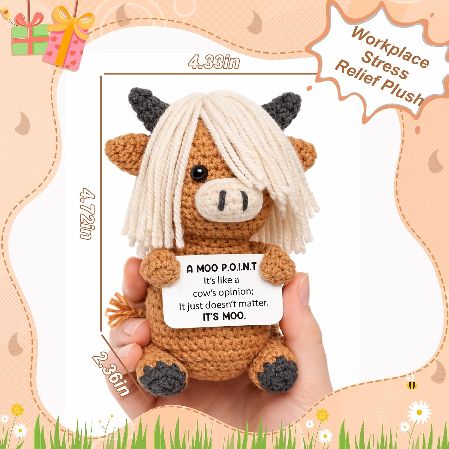 Sarcastic Highland Cow Crochet Decor – “A Moo Point” Funny Desk Decor Gift for Coworkers Friends – Handmade Office Desk Accessory, White Elephant Birthday Gift