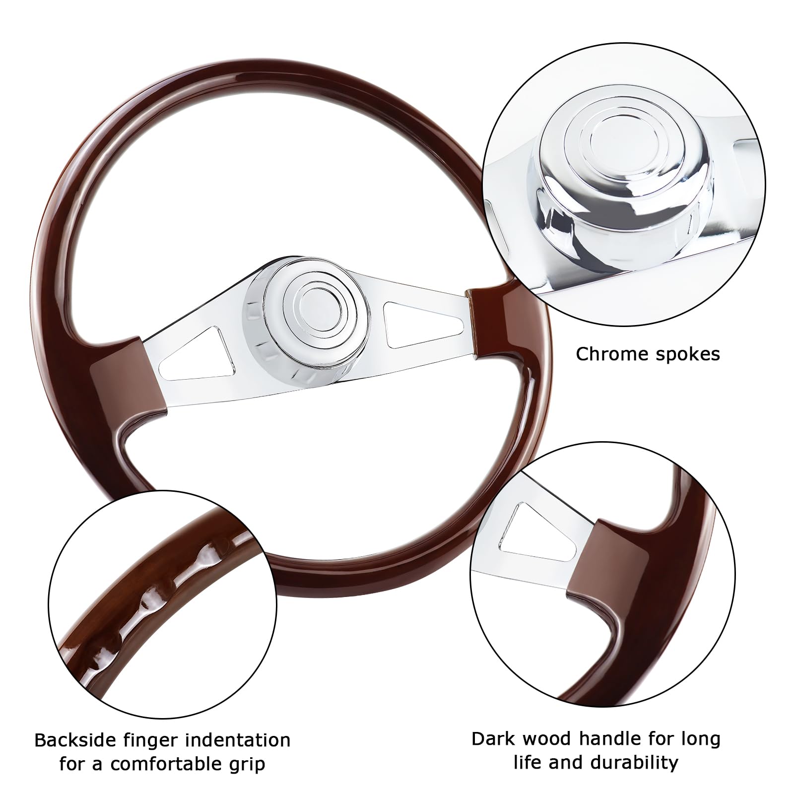 18-Inch Wood & Chrome 4-Spoke Steering Wheel - Universal Fit For Kenworth, Peterbilt, Volvo, Freightliner Trucks
