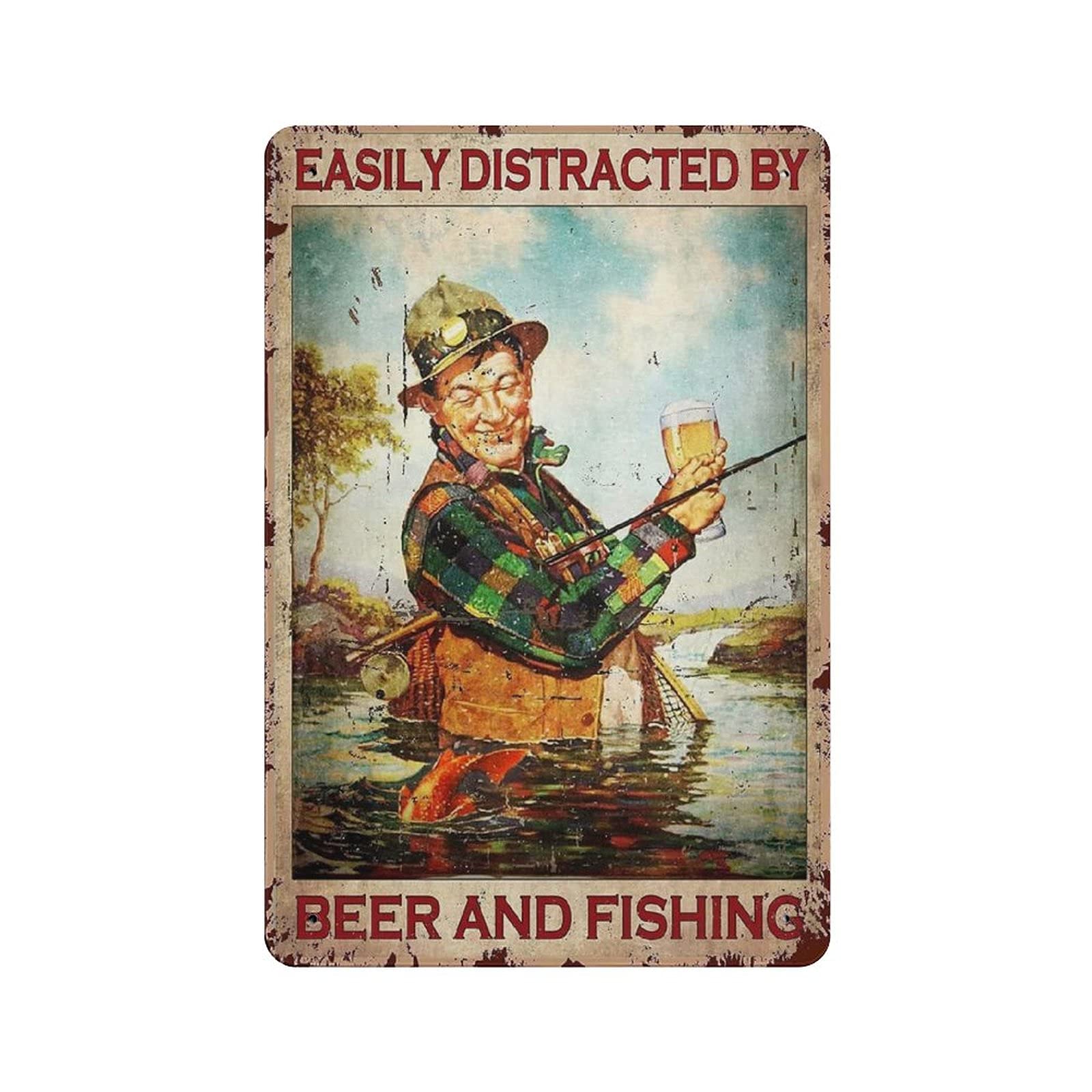 Easily Distracted By Beer and Fishing Metal Signs, Fun Poster For Bar Kitchen Cafe Farmhouse Wall Decor 12x8 Inch