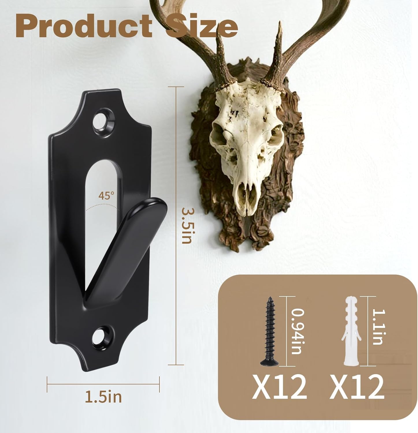 12 Pack European Deer Skull Mount Hanger, Stainless Steel/Wall Mount/Easy Install/Invisible Design/Indoor&Outdoor Use, Heavy-Duty Hooks for Deer, Mule, Antelope, Coyote, Small Game Animals
