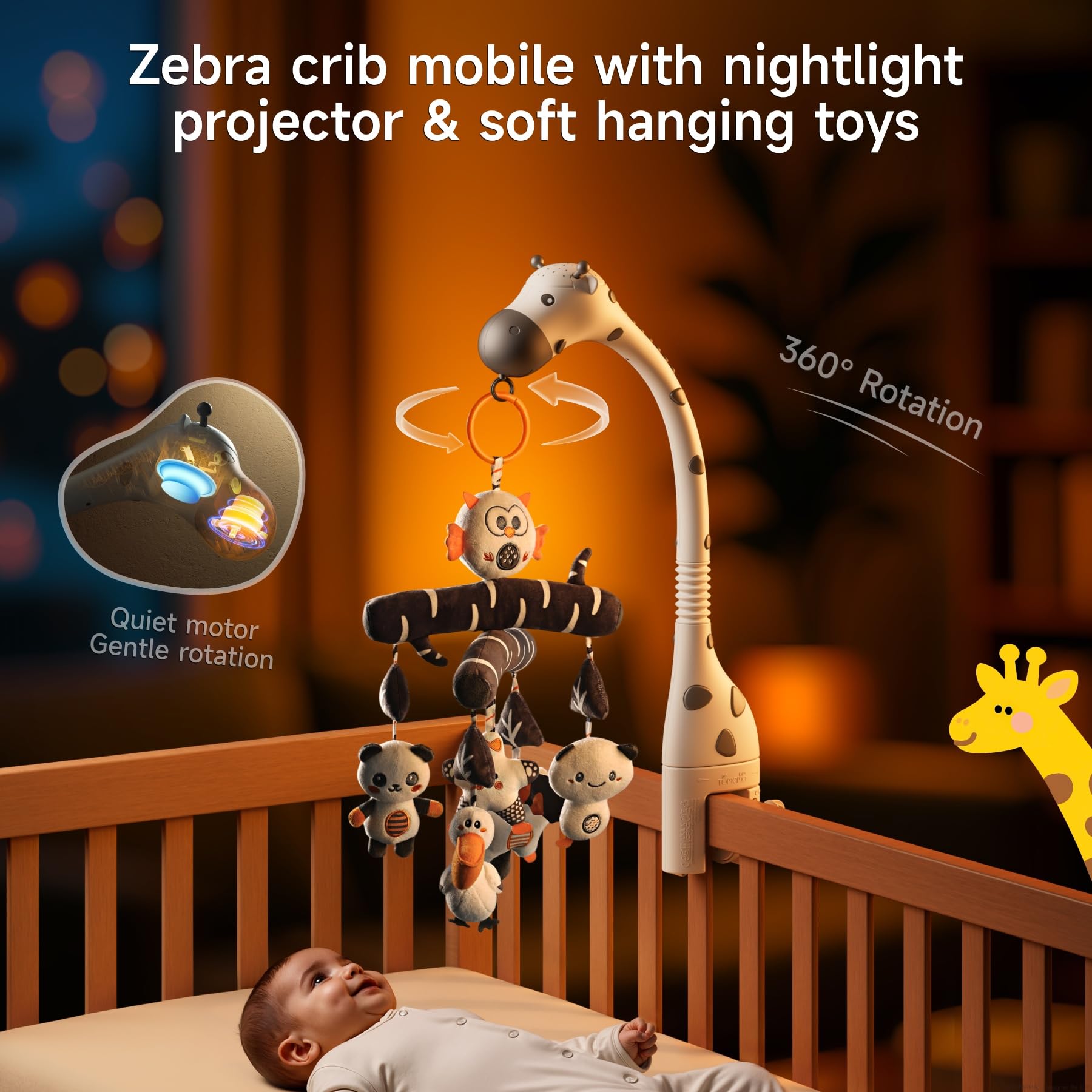 TUMAMA Mobile Toy for cot Crib Baby 0-3, 6-9, 12 Months, high-Contrast Crib Toy with Night Light with Projector - Image 2