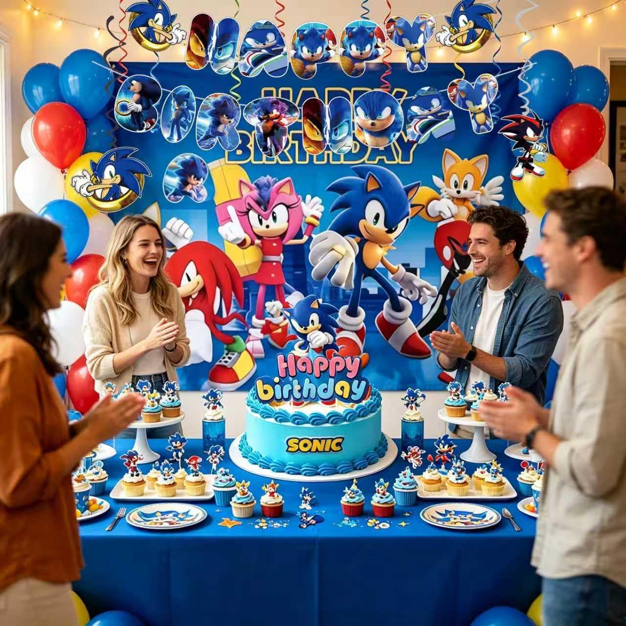 For Sonic Party Supplies, 49 PCS Birthday Decorations Set Include Banner, Balloons,, Hanging Swirls, Cake Cupcake Toppers, Tablecloth for Boys Girls Sonic Theme Party image 4