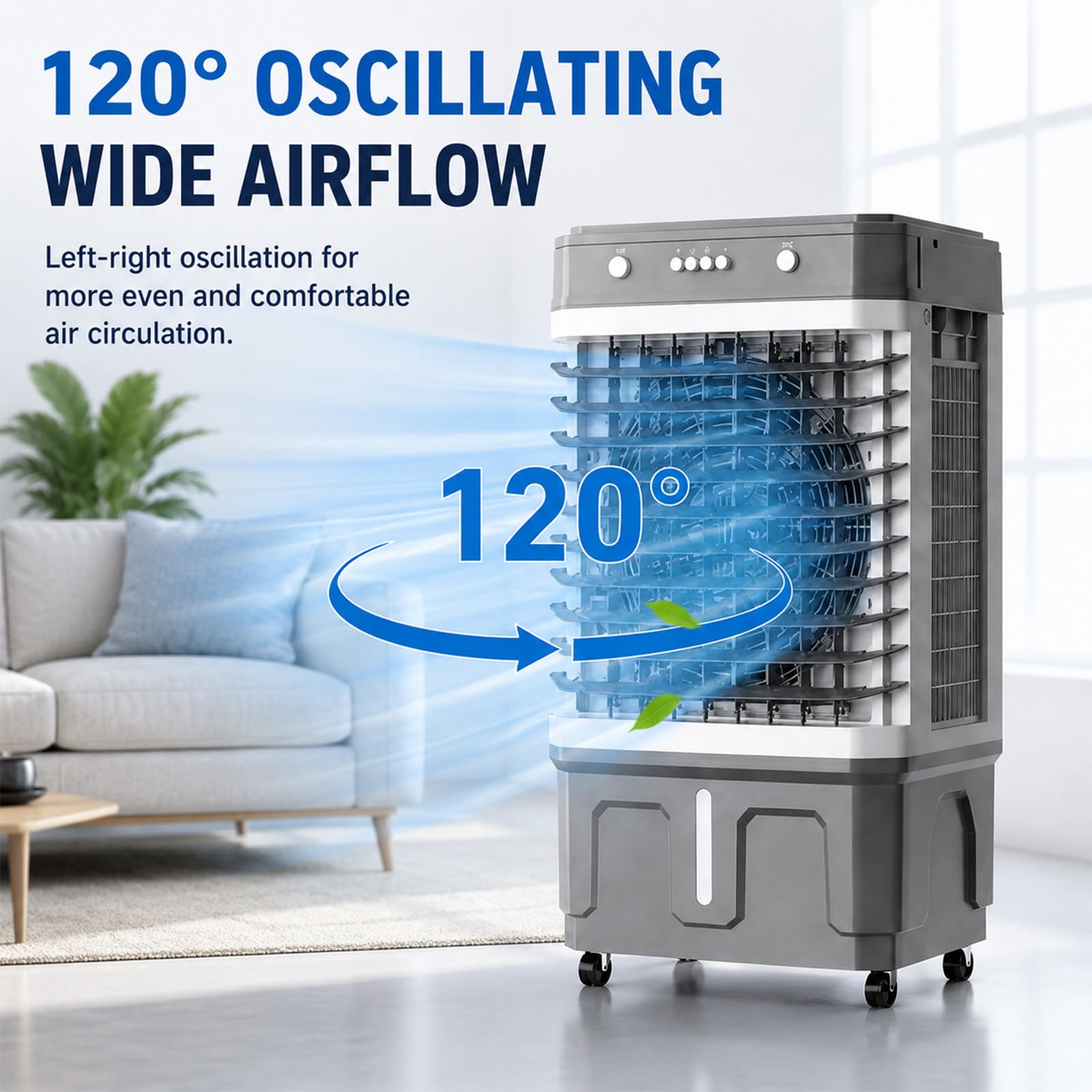 Aire Acondicionado Portátil Enfriador Evaporativo, con Oscilación De 120°, Sin Tubo, 3 Velocidades, Depósito De Agua De 20 L, Velocidad del Aire 6,6 M/S, para Habitación Y Oficina