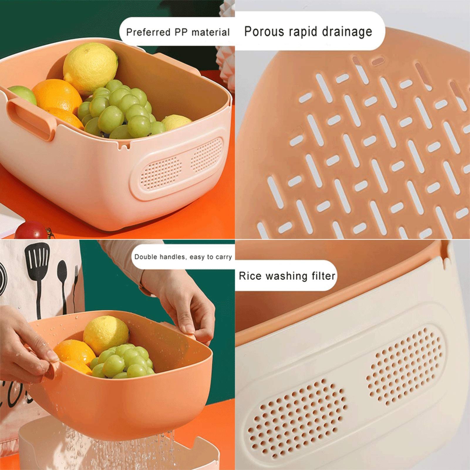 Durszlak Sitko kuchenne/Colander z tworzywa sztucznego koszyk do mycia ryżu i sitko z uchwytem odłączany zestaw durszlaków do mycia owoców i veggie Sitko Durszlaka (Color : Brown)