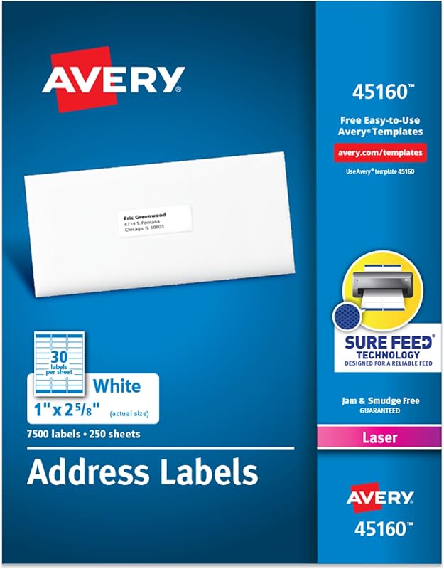 Avery Easy Peel Printable Address Labels, Sure Feed Technology, 1" x 2-5/8" Customizable Stickers, White, 7,500 Blank Mailing Labels, Great for Mailing, Shipping, and More (45160)