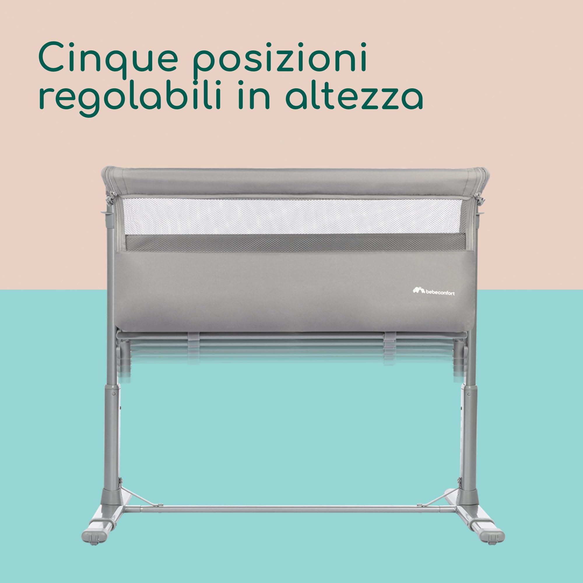 Bebeconfort Zina Culla Neonato Fianco Letto, 0-6 mesi (0-9kg), Lettino Neonato Pieghevole, 5 Altezze Regolabili, Culla da Campeggio con Materasso, Materassino Culla Reclinabile, Mineral Grey