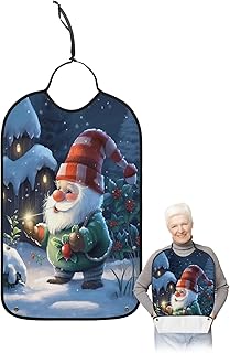 Kewadony Adult Bibs for Elderly Women - Christmas Waterproof Dining Clothing Protectors with Crumb Catcher for Eating/Feeding, Xmas Cartoon Gnomes Santa Berry Snowdrift Terry Cloth Bib Washable