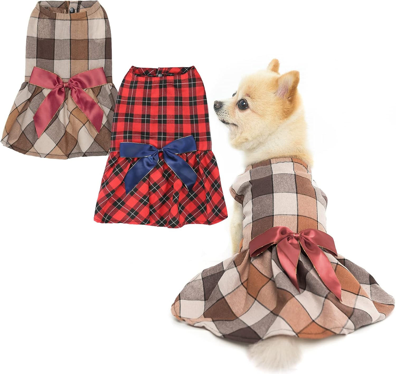 2 Pack Elegant Bowtie Plaid Dog Dress Cute Holiday Checked Doggie Clothes Puppy Vest Dress Pet Cat Apparel for Girl Small Medium Dogs(Orange Red M) : Pet Supplies