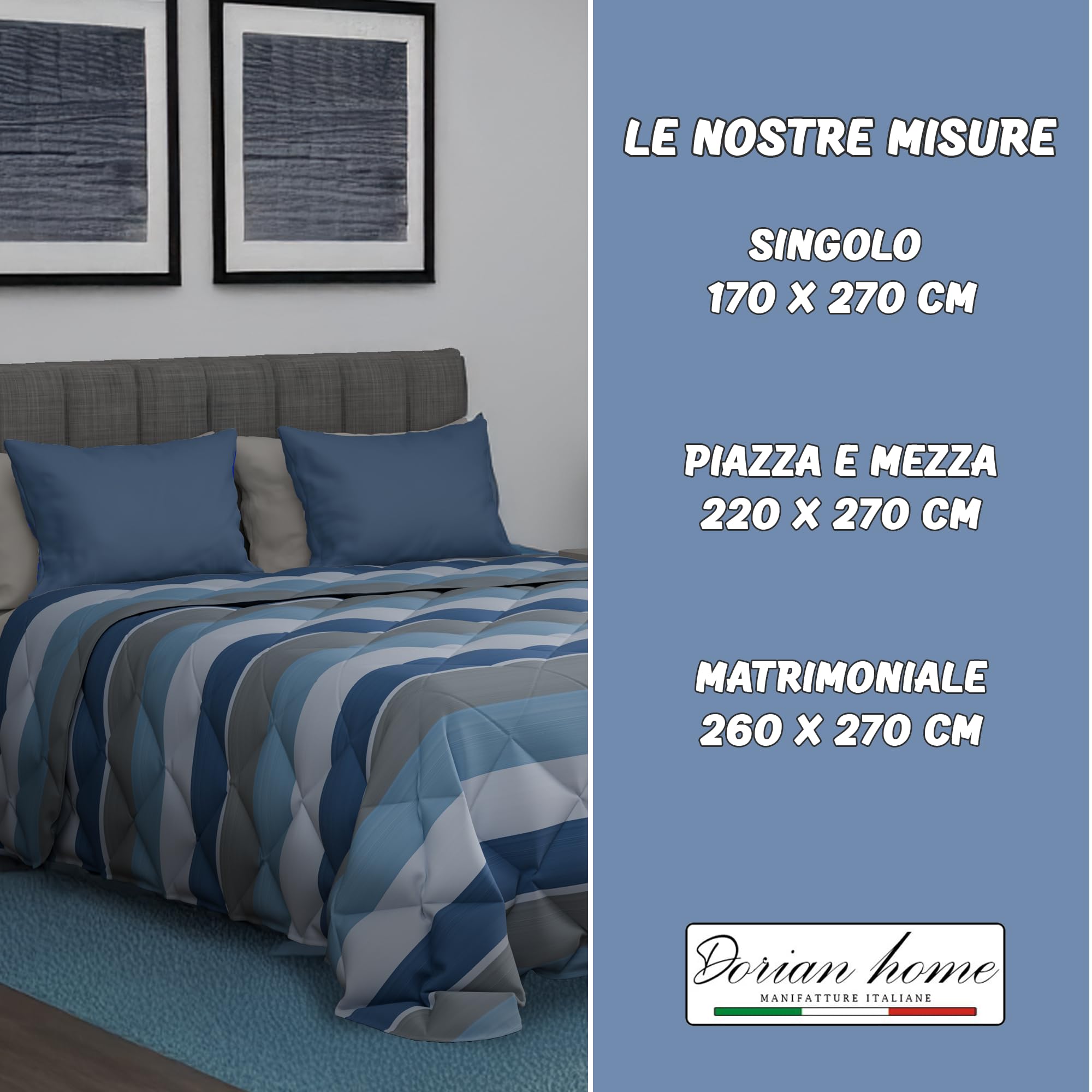 Dorian Home, Trapunta Invernale Matrimoniale in Cotone, Piumone Matrimoniale Double Face, Trapunta Matrimoniale Invernale 270x270 cm Made in Italy (Garda Blu, Singolo 170x270 cm)