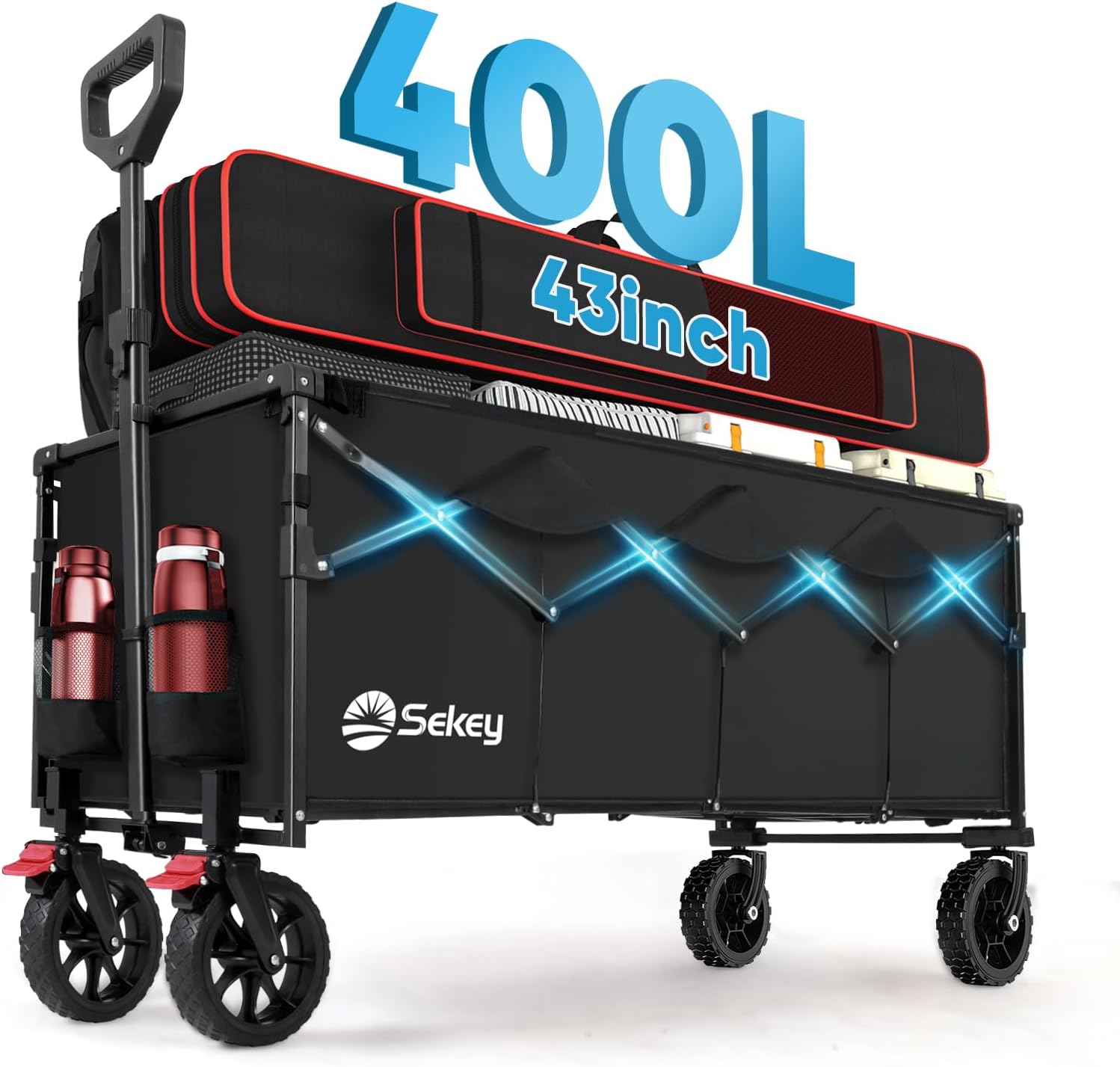 Sekey 43'' Extended Collapsible Wagon 400L Large Capacity, 440LBS Heavy Duty Folding Utility Garden Cart with Big All-Terrain Wheels & Drink Holders for Camping, Sports, Beach.Black