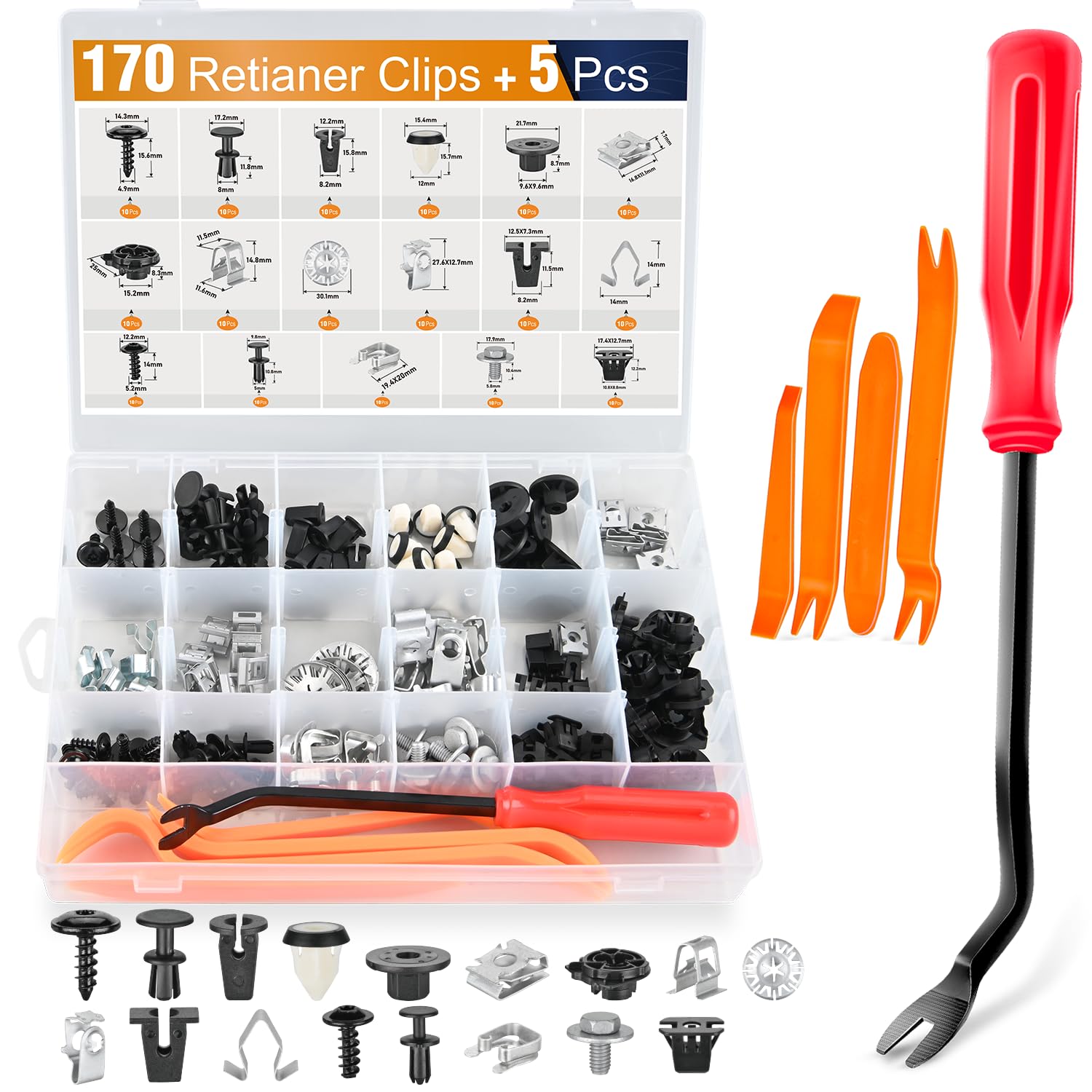 GOOACC 170Pcs Universal Push-Type Retainer Kit - 17 Sizes, Fits Audi Volkswagen BMW - Truss Head Tapping Screws, Nylon Material, Automotive Repair