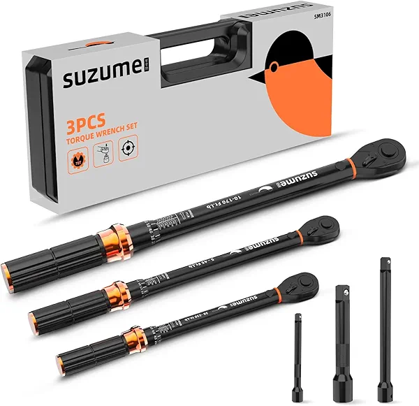SUZUME 3PCS Torque Wrench Set 72 Teeth Dual-Direction Adjustable Torque Wrench Dual-Scales 1/4 & 3/8 & 1/2-Inch ±3% Accuracy Click Torque Wrenches for Bicycle, Motorcycle, Car,Maintenance