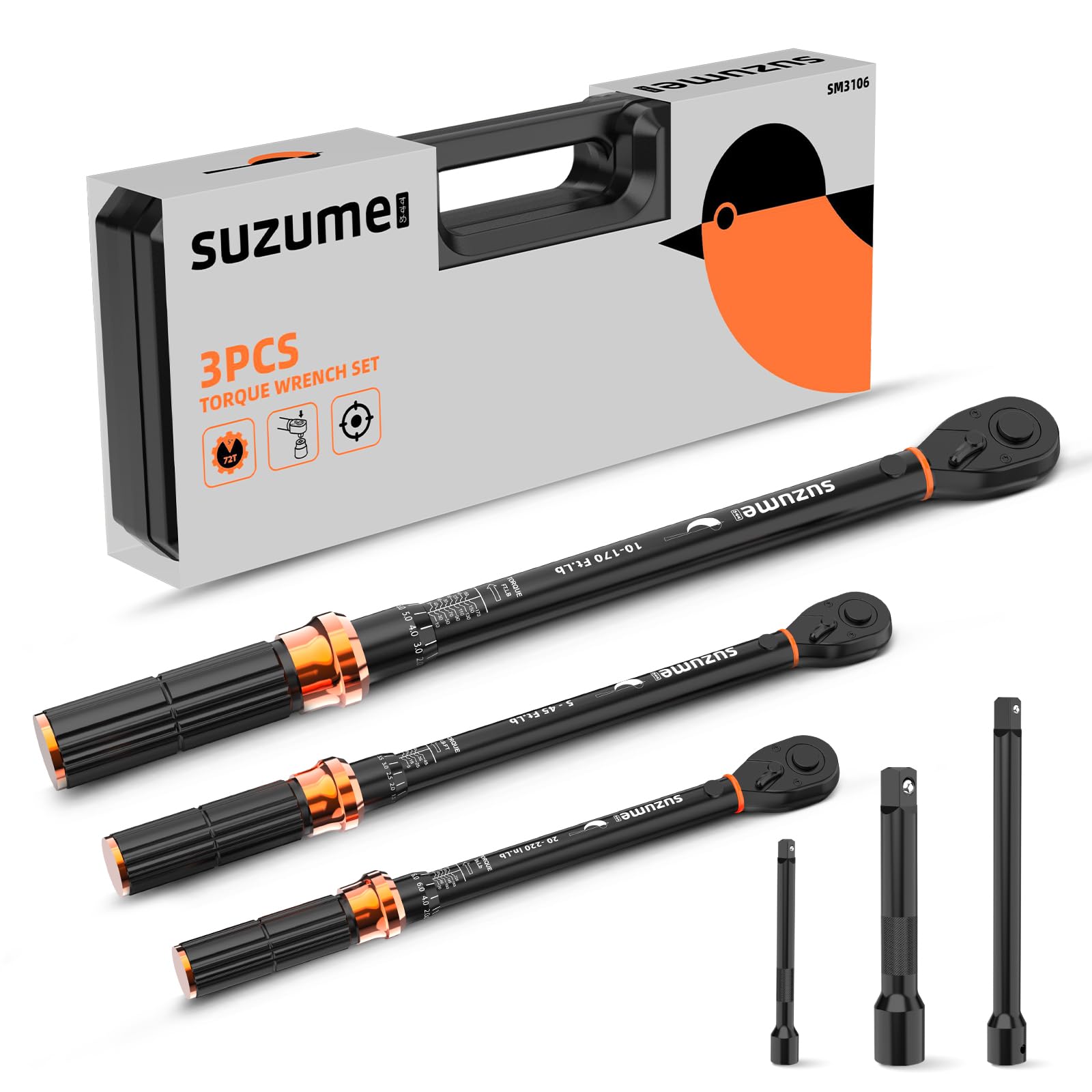 SUZUME 3PCS Torque Wrench Set 72 Teeth Dual-Direction