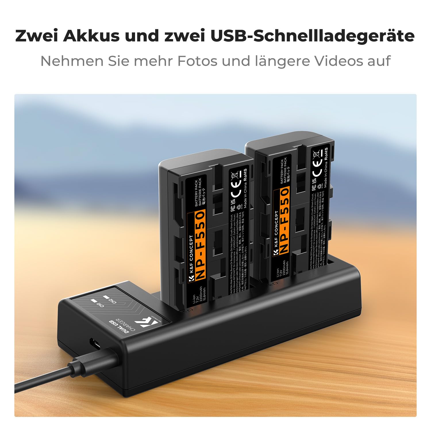 K&F CONCEPT NP-F550 2er-Pack 2600mAh Akkus und LED Ladegerät Kit Kompatibel mit Sony NP-F550 F570 F750 F770 F930 F950 F960 F970 für LED Lichter/Monitor/Kamera Slider