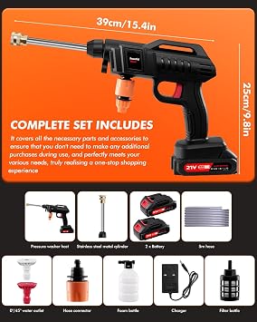 21V Handheld Pressure Washer Kit, Cordless Pressure Washer, 1500W High Pressure Washers with 2 Nozzles, 16.5ft Hose, 2 Batteries, Cordless Power Washer for Car Floor Gardening (Without bucket)