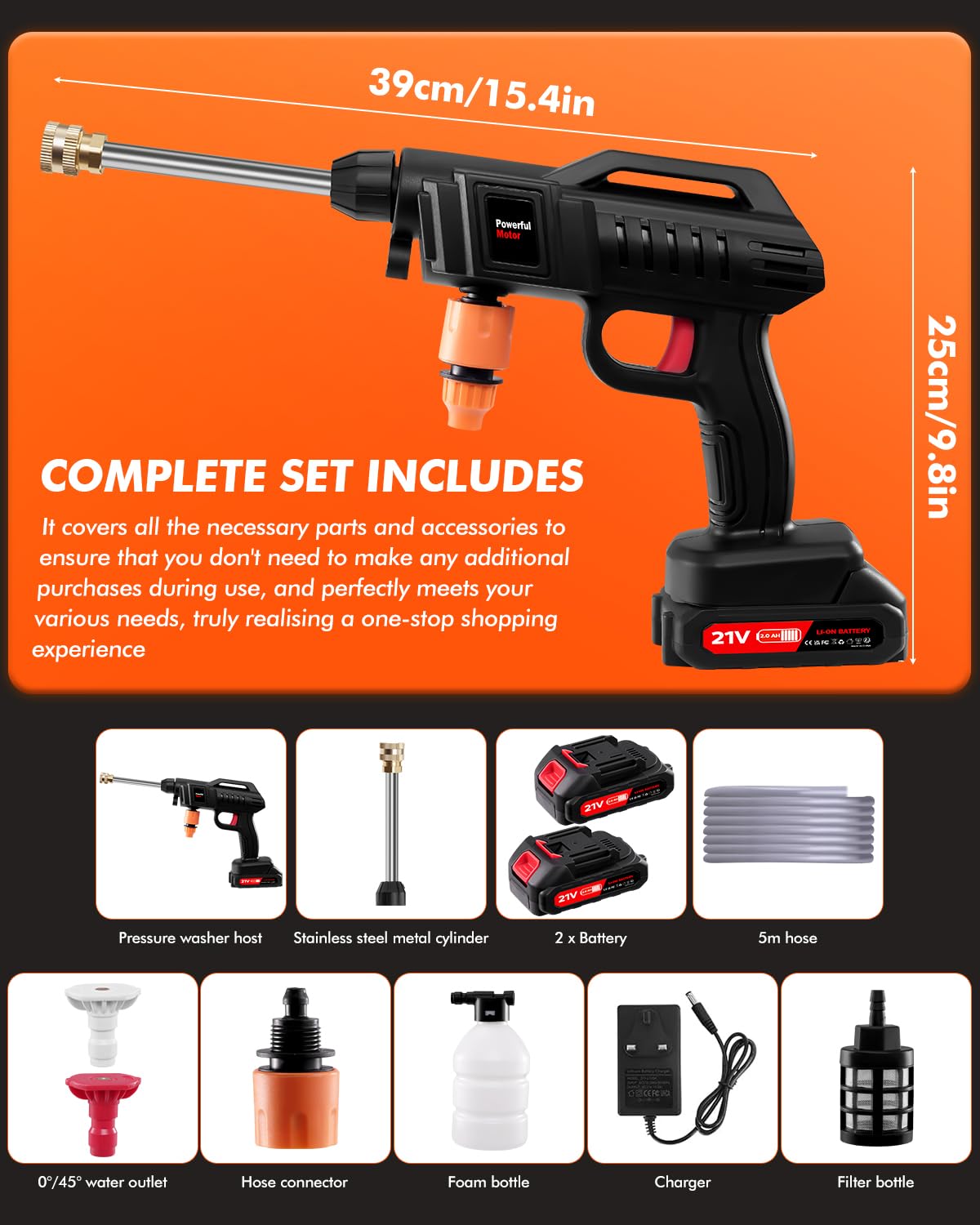 Idropulitrice a Batteria,60 Bar/870 PSI Idropulitrice Portatile con 2 Batterie,3 In 1 Ugello,Tubo da 5M, 480L/H High Pressure Cleaner per Auto,Giardino,Pavimenti e Esterni