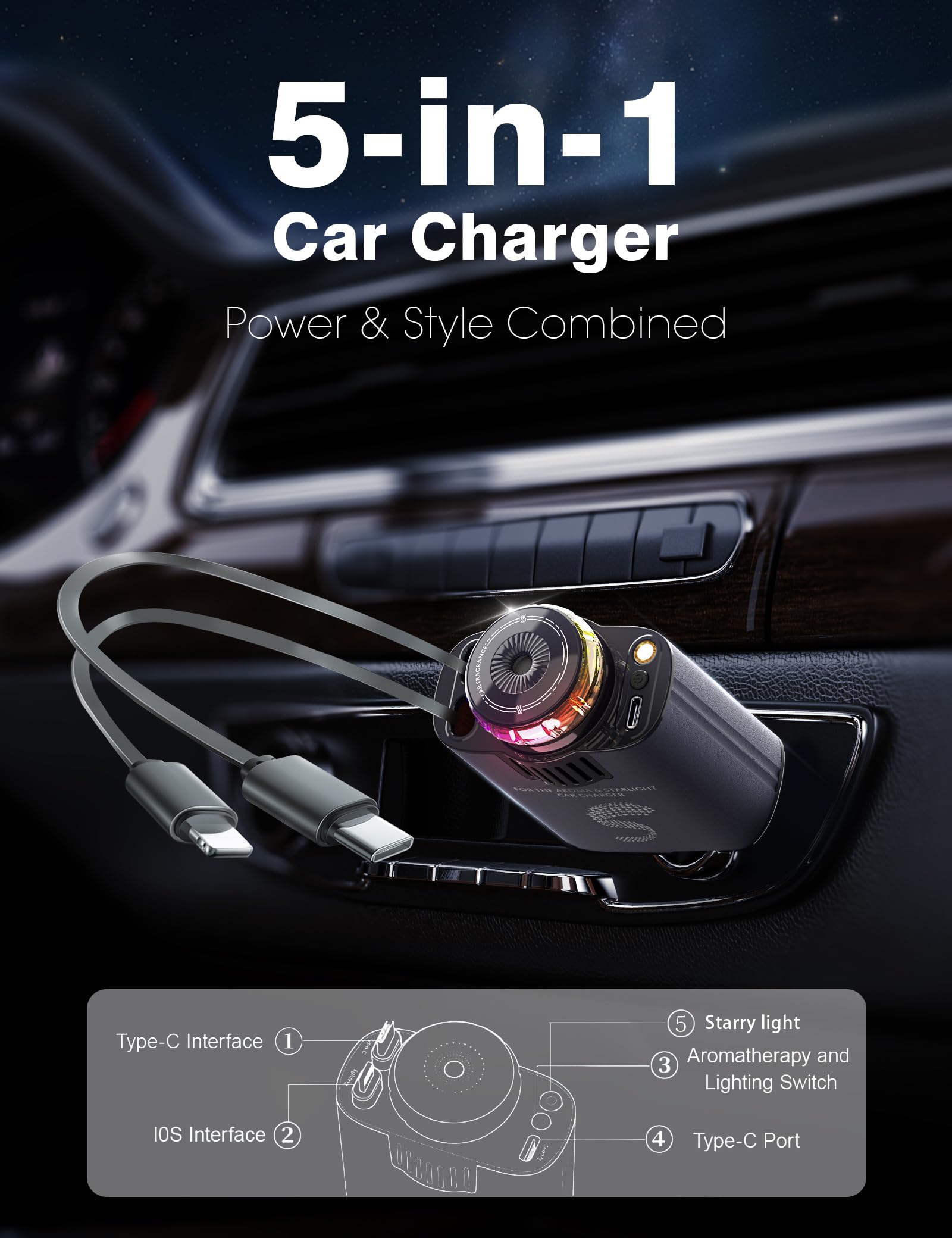 Retractable Car Charger USB C Fast Charging 120W, Car Accessories Cigarette Lighter Adapter with Aromatherapy Starlight, Car Charger iPhone16 15 14 13 12 11 Essentials Gifts for Traveler, Men, Women — view 2