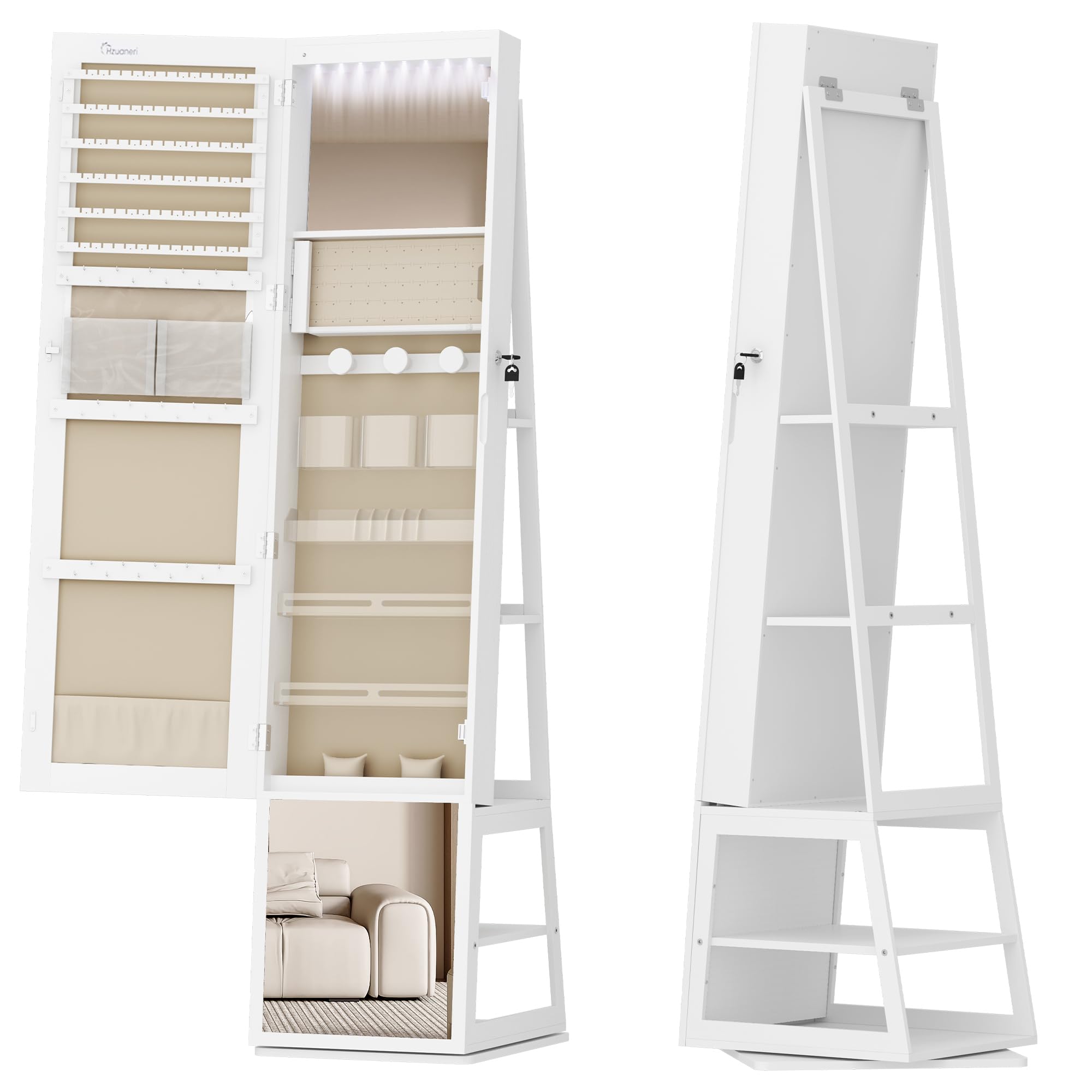 Espejo Joyero con 8 LEDs y Giro 360°, Armario de Almacenaje Blanco Beige