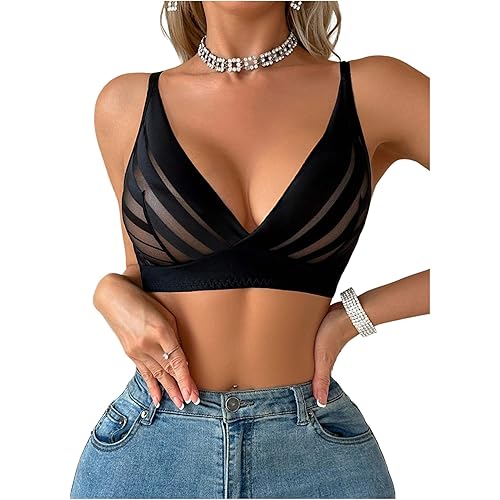 SOLY HUX Women's Deep V Neck Bralettes Mesh Sheer Adjustable Straps Wireless Bras