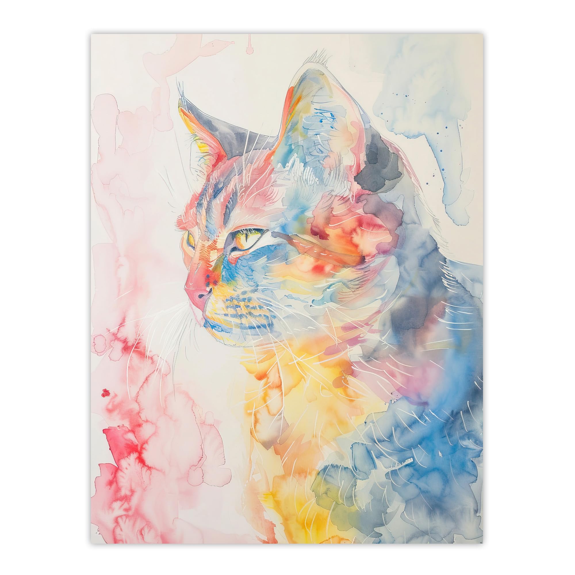 Artery8 Cat Lover Pastel Rainbow Watercolour Portrait Living Room Extra Large XL Wall Art Poster Print