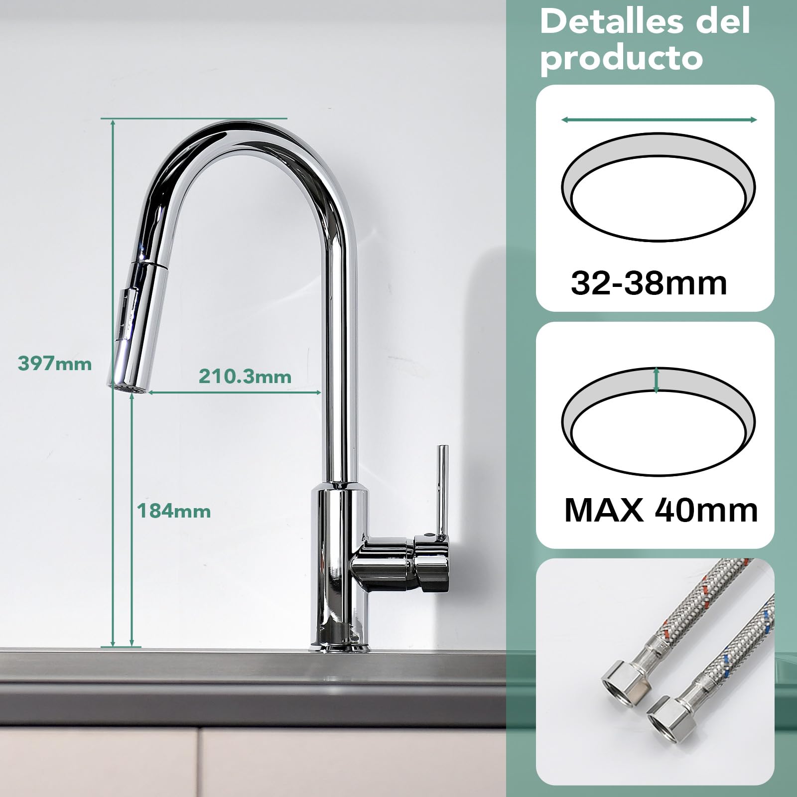 Grifo de Cocina con Cabezal Rociador Extraíble, Grifo de Fregadero, Giro de 360°, Dos Funciones de Rociado,Acero Inoxidable, Cromado