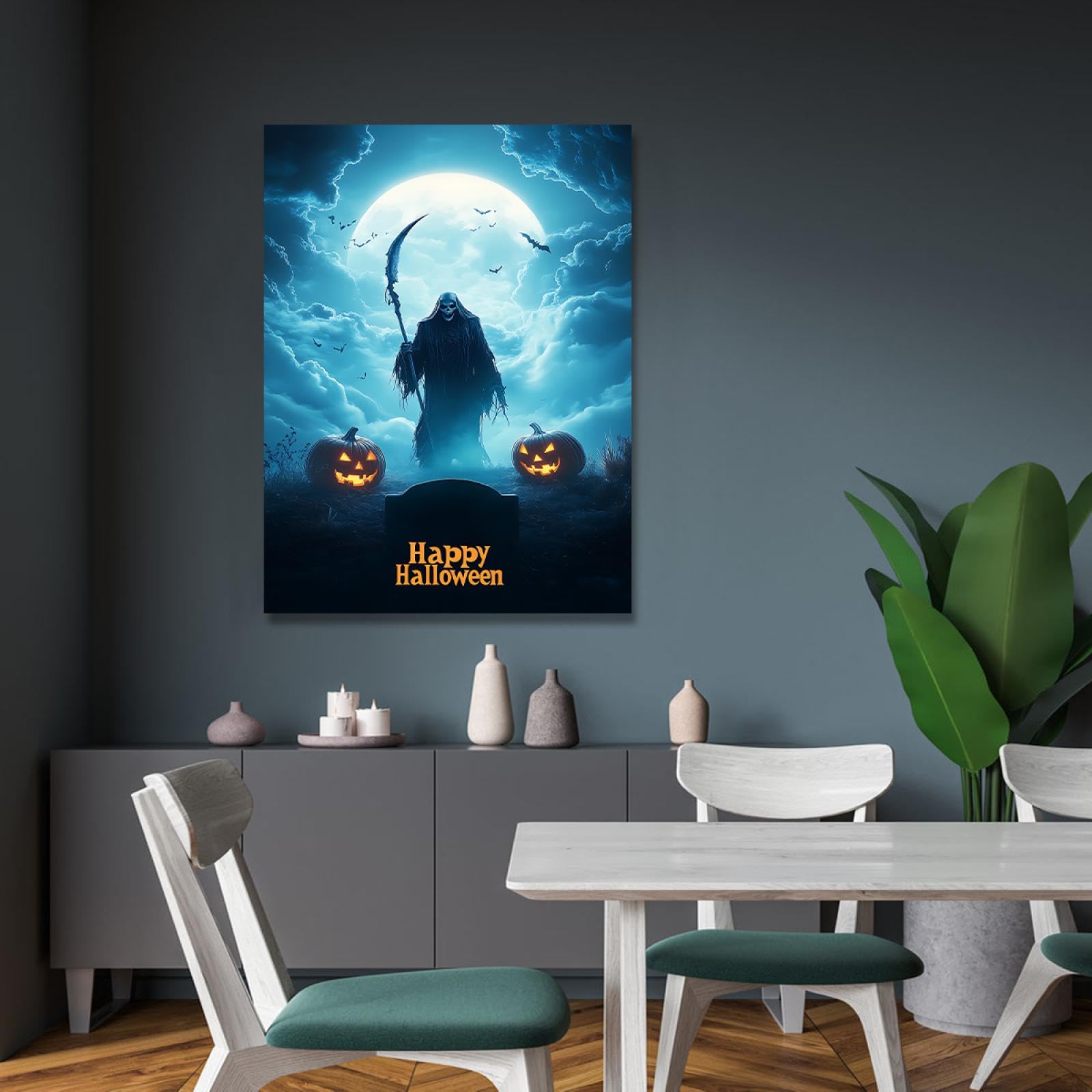 TOANGWALL horror y estilo grotesco impresión en lienzo arte de pared desierto calavera muerte tumba calabaza linterna cartel pintura de cuadro para decor de dormitorio 60x90cm marco interior