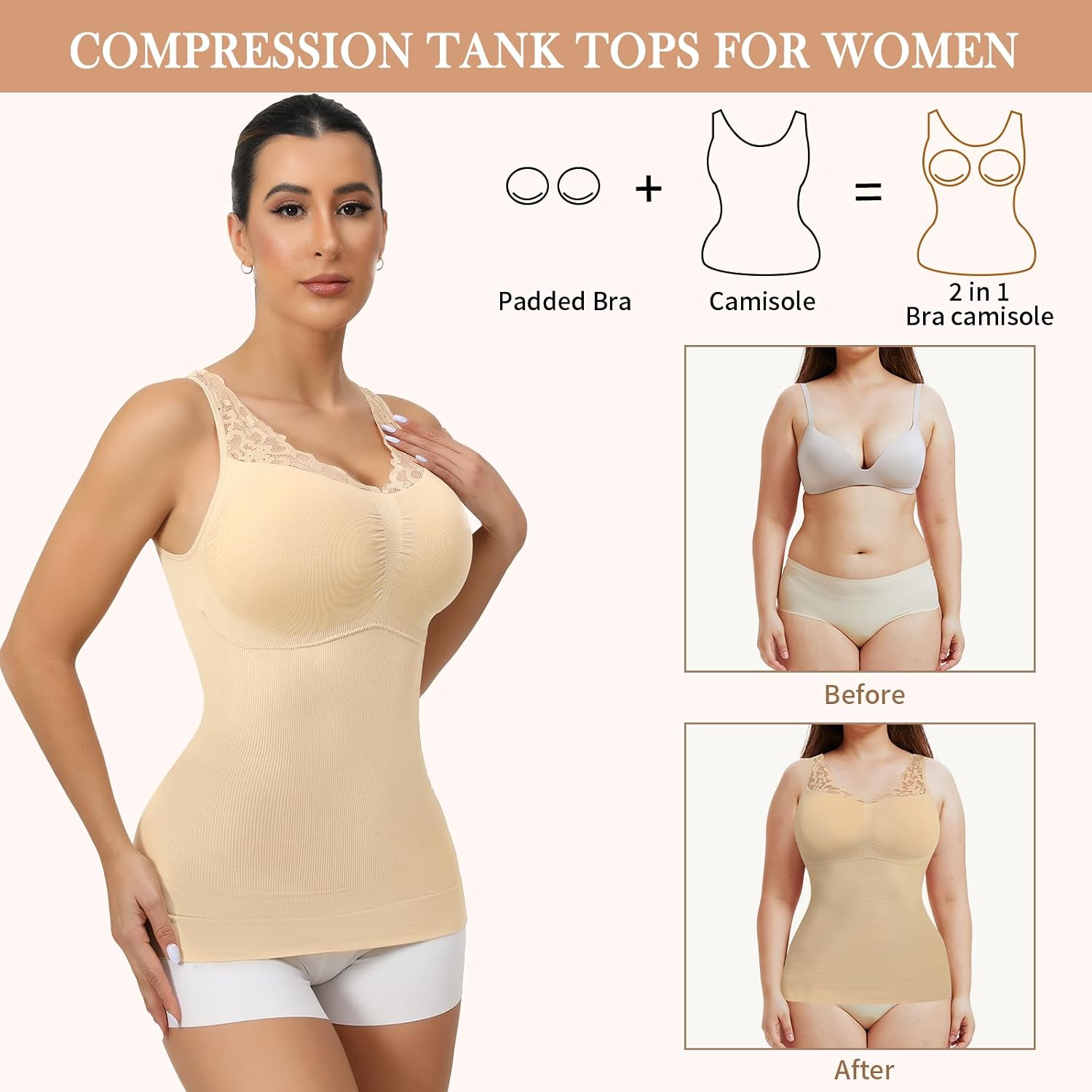Womens Tummy Control Shapewear Tank Top - Seamless V-Neck Lace Camisole with Built in Bra, Compression Slimming Body Shaper