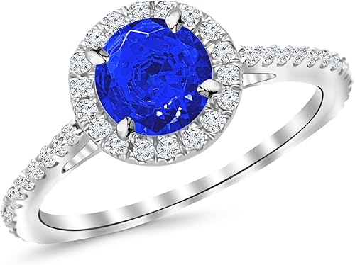 Anillo de compromiso clásico de oro blanco de 14 quilates con diamantes de halo de 0,9 quilates con un centro de zafiro azul natural de 0,5 quilates