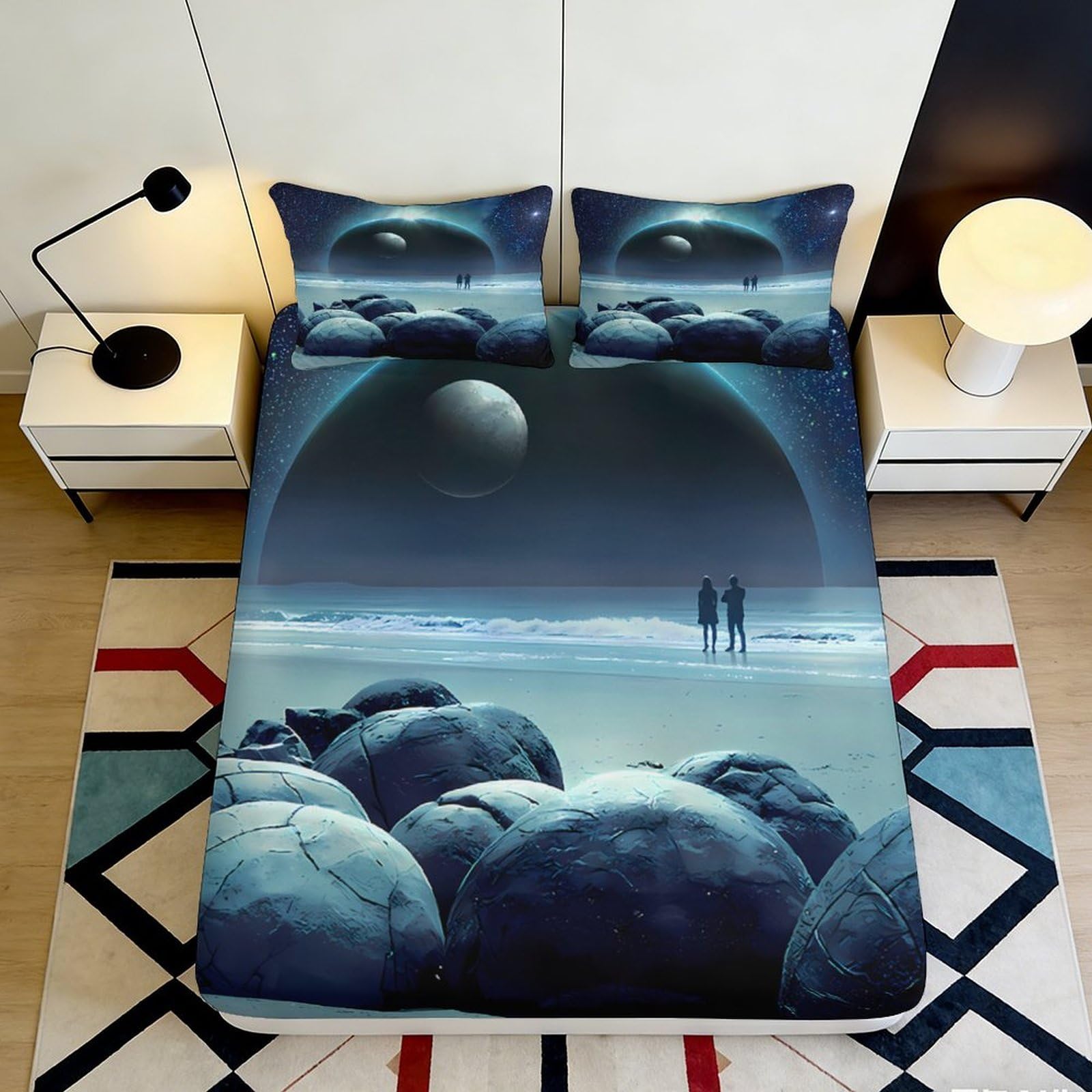 3D Printed Galaxy Fitted Sheet, Space Planet Microfiber Bed Cover, Soft Touch, Easy Care, Bedroom Decor, Guest Room Bedding, Anti-Slip, Wrinkle Resistant, Washable, 116 90x200x25cm