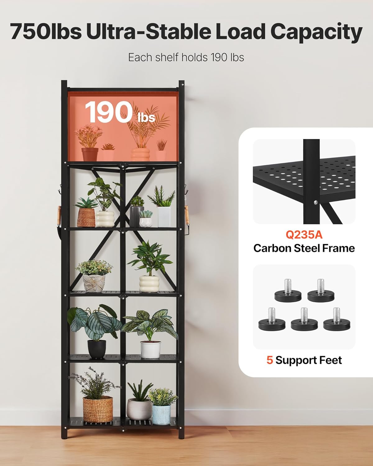 VEVOR 6-Tier Foldable Storage Shelf, 24W x 12D x 72H Inch Folding Metal Rack Shelving Unit, No Assembly Organizer Shelf with 5 Wheels & 4 Hooks for Pantry, Kitchen, Garage, Basement, Black