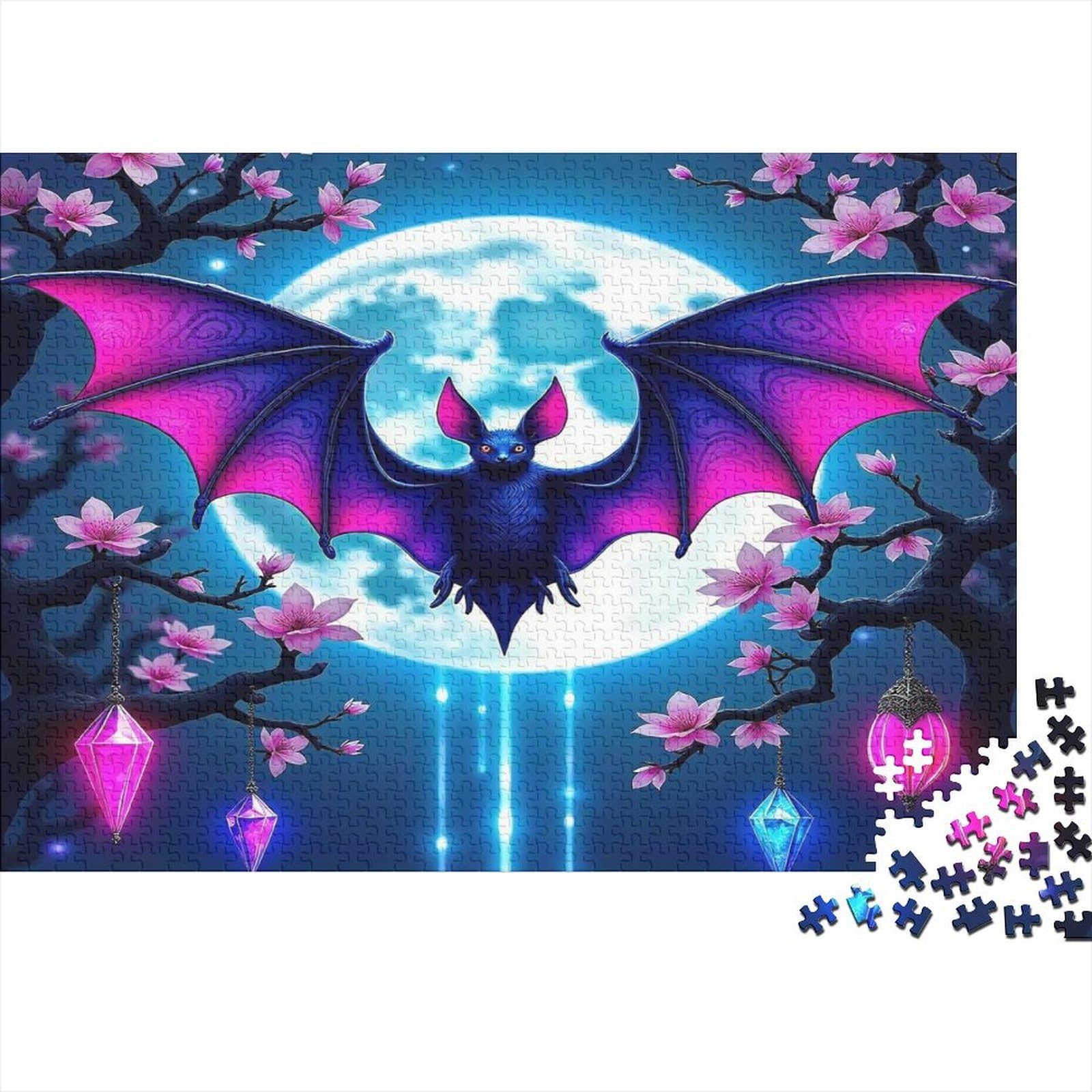 Bat in Night Sky 1000 Piece Jigsaw Puzzle Paper for Adults Cherry Blossom Scene Puzzle Game for Family Relaxation Gift 52x38cm/1000pcs