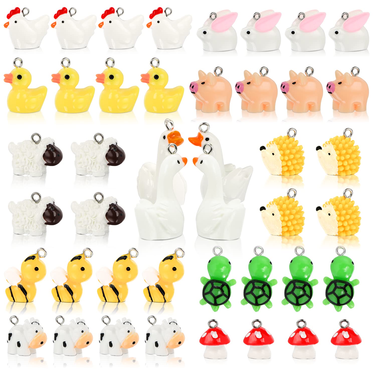BENOSPACE 44 Pcs Resin Animal Charm Pendants Cute Goose Mushroom Duck Cow Bee Chicken Rabbit Turtle Hedgehog Sheep Pig Bead DIY Accessories Farm Jewelry Supplies Making for Bracelet Necklace Earring,