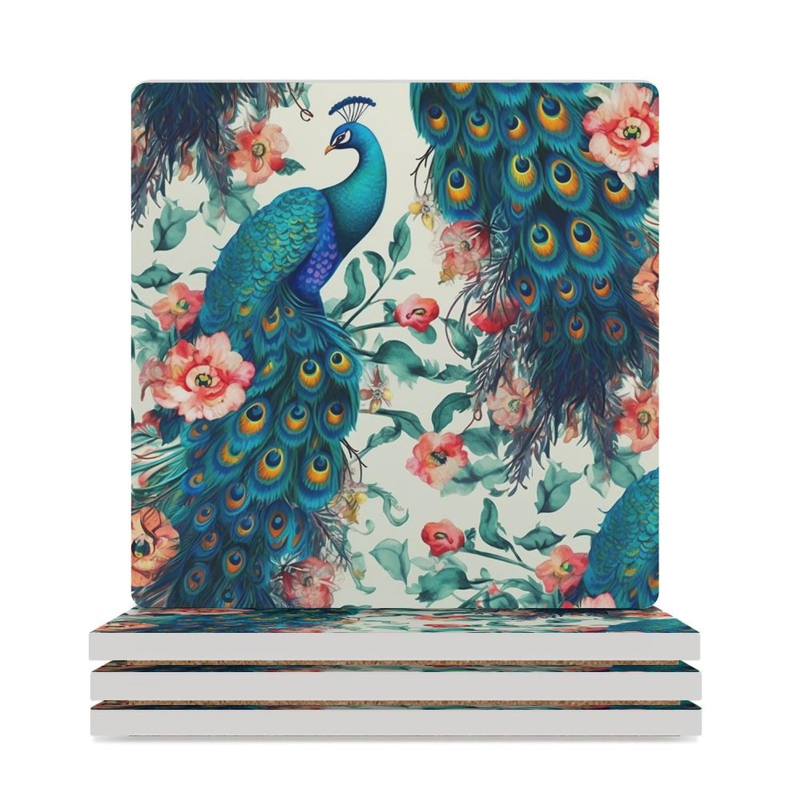 Sous-verres céramique carrés 9.4 cm protection table base liège fleurs