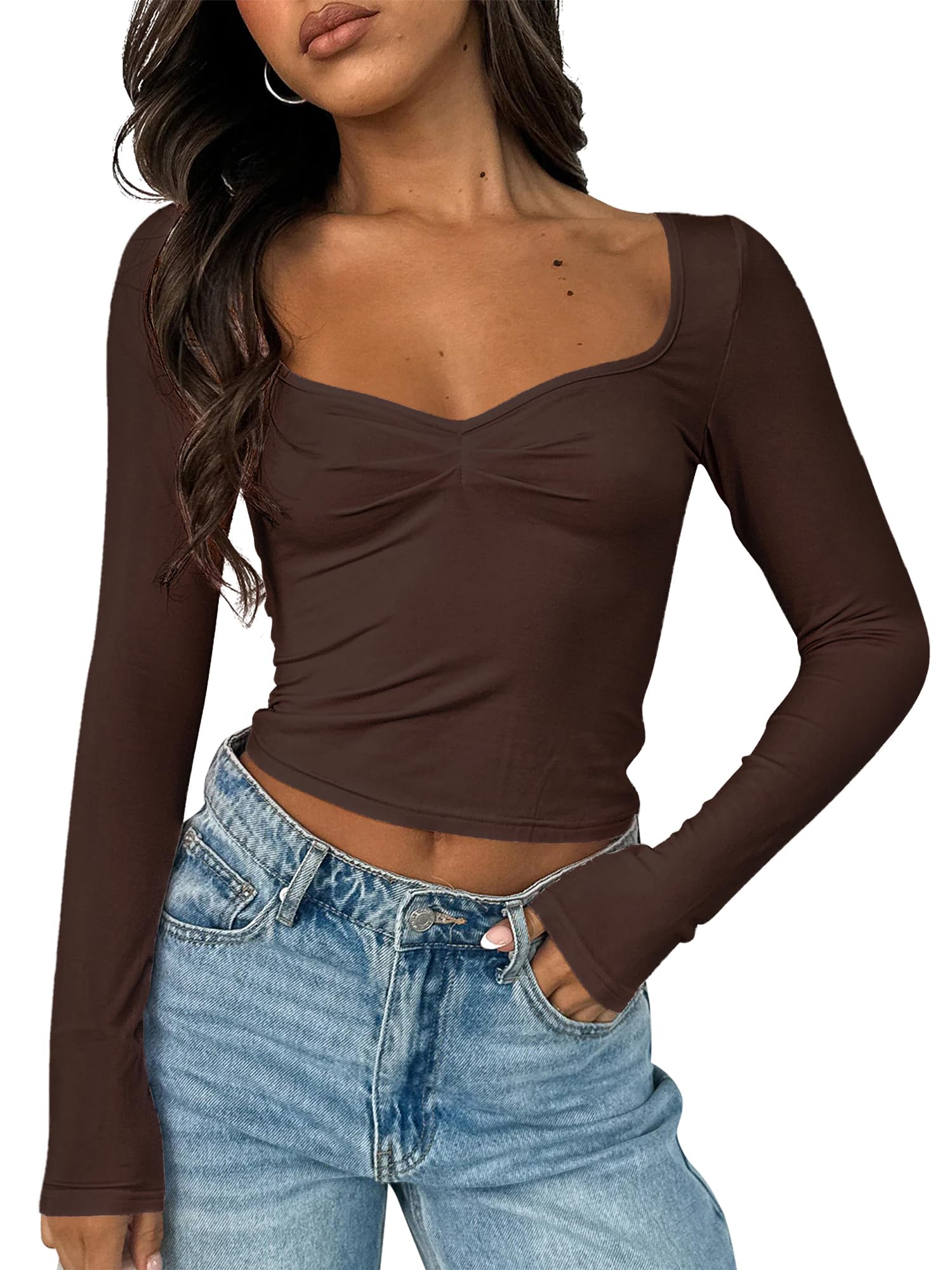 TiulZial Women's Long Sleeve Going Out Crop Top Sexy Pleated Trendy Shirt Sweetheart Neck Y2K Ruched Cropped Tops