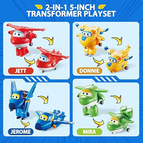 Miniatura 3 de Super Wings - Colección de juguetes transformables de avión de aeropuerto de 5 pulgadas, figuras de acción de vehículos | Avión a Bot | Divertido