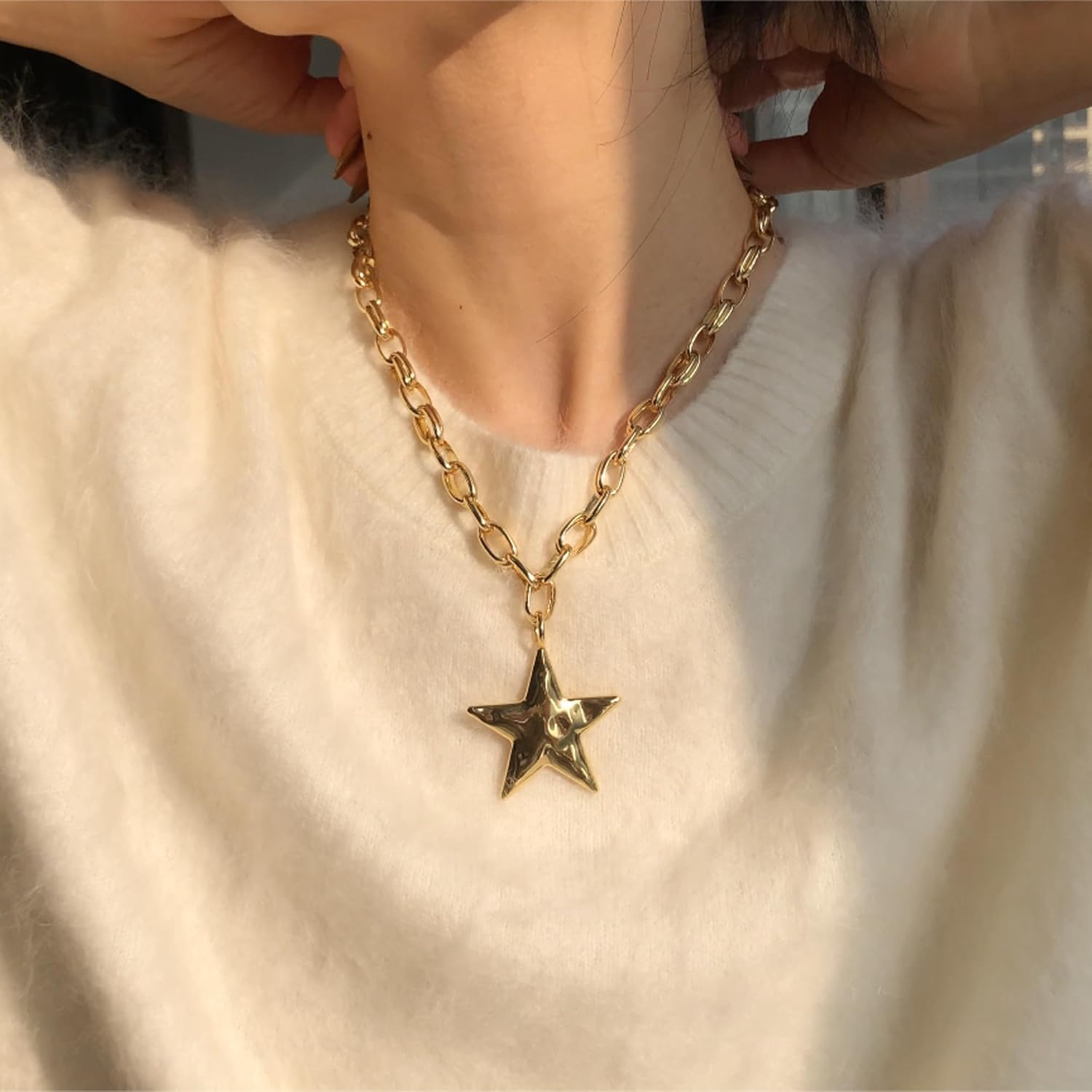 Chunky Chain Star Pendant Necklace Y2K Style 14K Gold Plated Adjustable Statement Jewelry Gift for Women