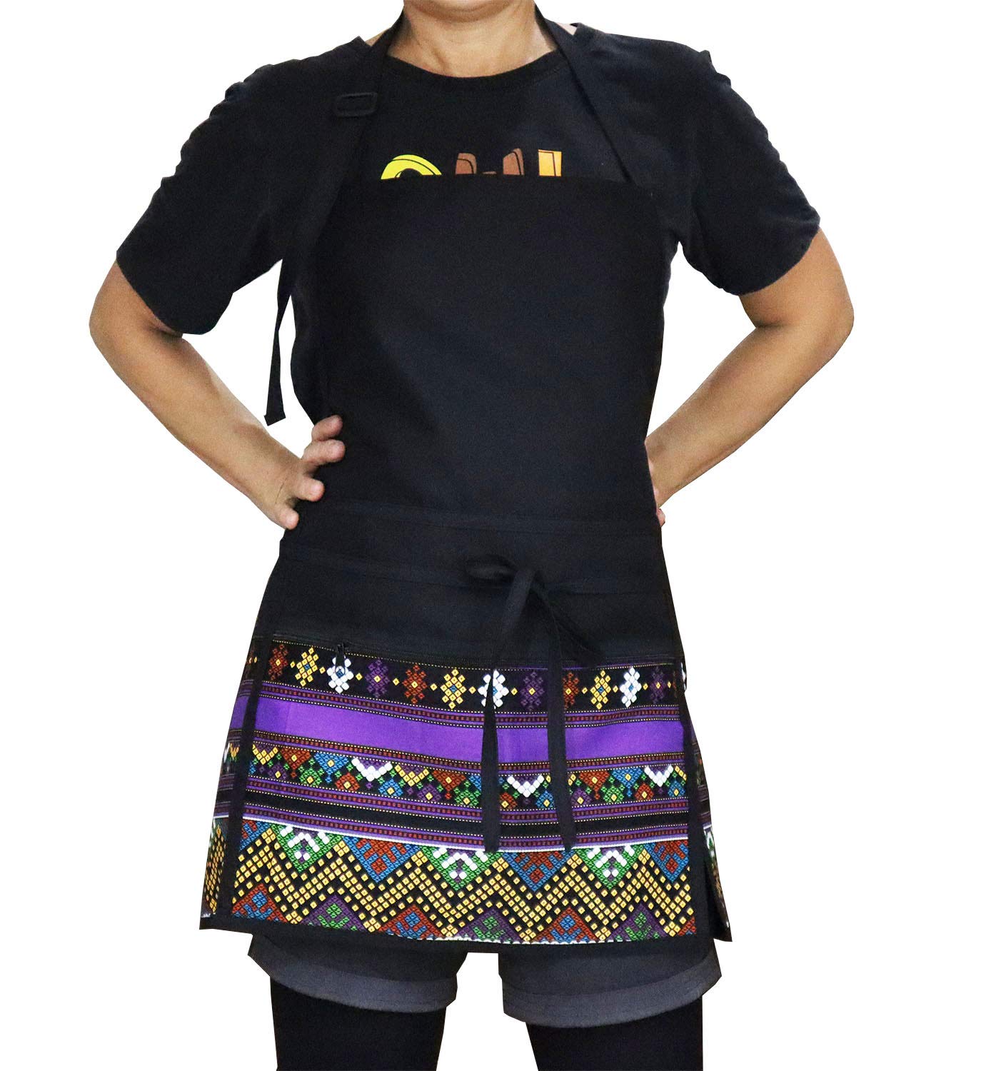 Tgb-03 Cute Adjustable Bib Aprons with 3 Zipper Pockets Cooking Kitchen Unique Apron for Chef Work, BBQ, Baking, Gardening, Restaurant, 23 x 29 inch, BlackPurple