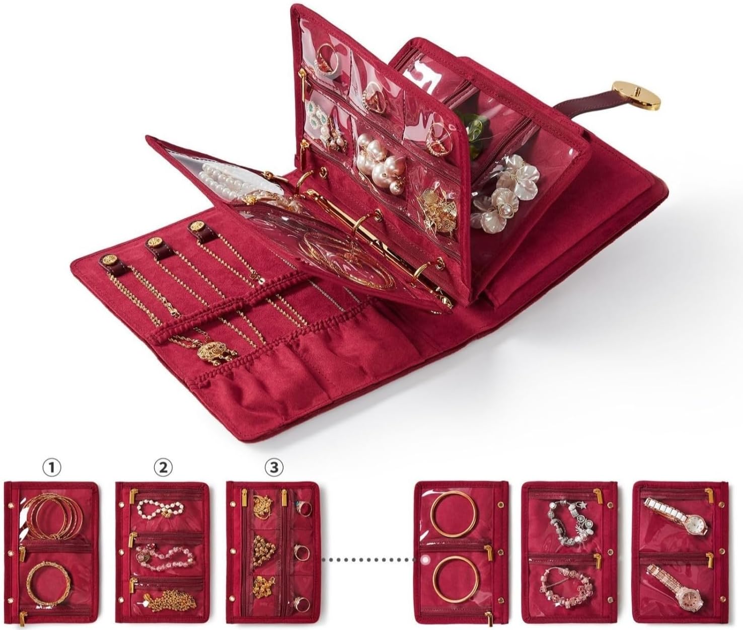 Travel Jewelry Organizer Case - Portable Jewelry Box for Women with Multiple Compartments, Mini Travel Jewelry Bag for Earrings, Necklaces, Rings & Bracelets (Red)