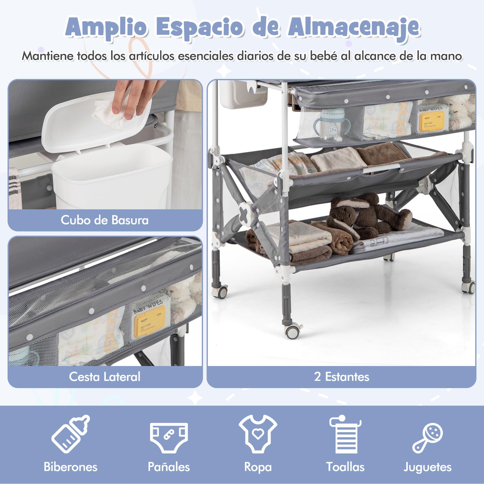 GOPLUS Cambiador Portátil para Bebés, Centro para Cuidado Infantil con Altura Ajustable, Cubierta Impermeable, Estantes y Papelera, Estación Plegable para Pañales con Ruedas (Gris)