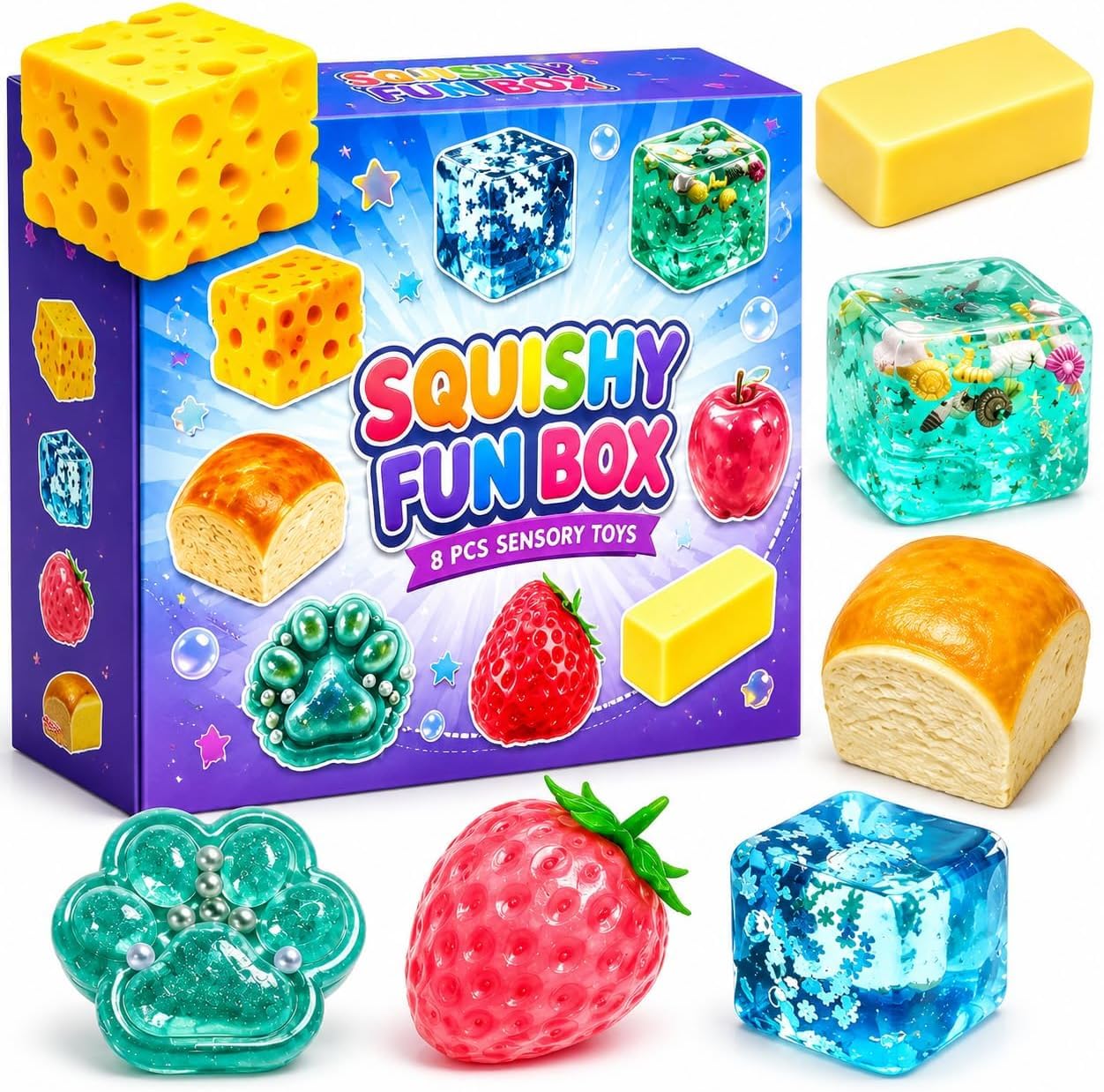 YIttings 8 Piece Squishy Mystery Fun Box Set, Blind Box Malt Sugar Creative Slow-Return Squishies Pack, Fidget Relief Hand Relax Desk Decor Party Favor Gifts for Adult (Purple)