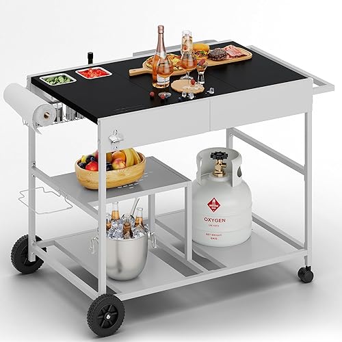 Shintenchi Mesa de carrito para horno de pizza con estación de cobertura y ruedas, soporte de mesa para parrilla de mesa al aire libre, carrito de