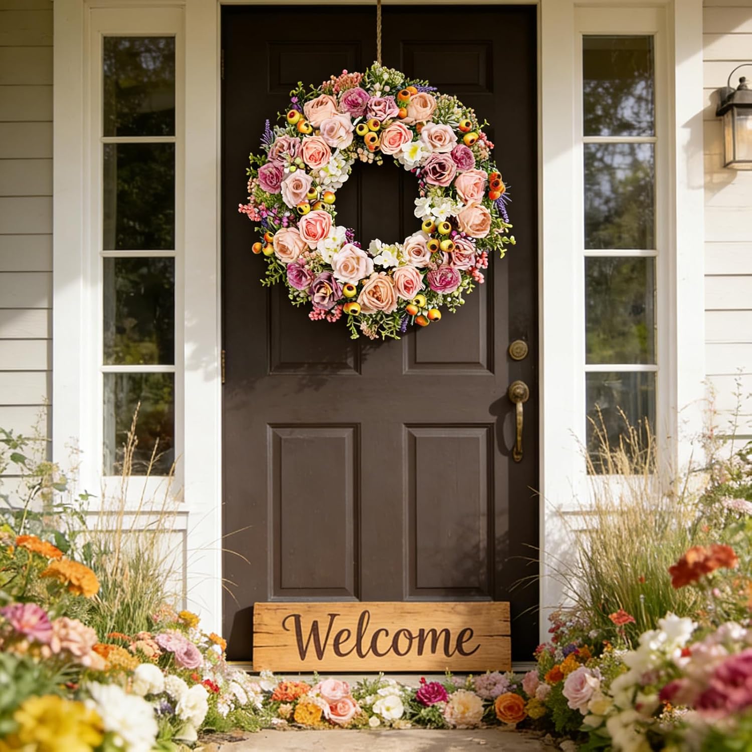 22 Inch Spring Summer Wreaths for Front Door, Vintage Pink Rose Floral Wreath with Pomegranate, Berries and Hydrangea, Lush Artificial Flowers Wreath for Home Decor, Easter
