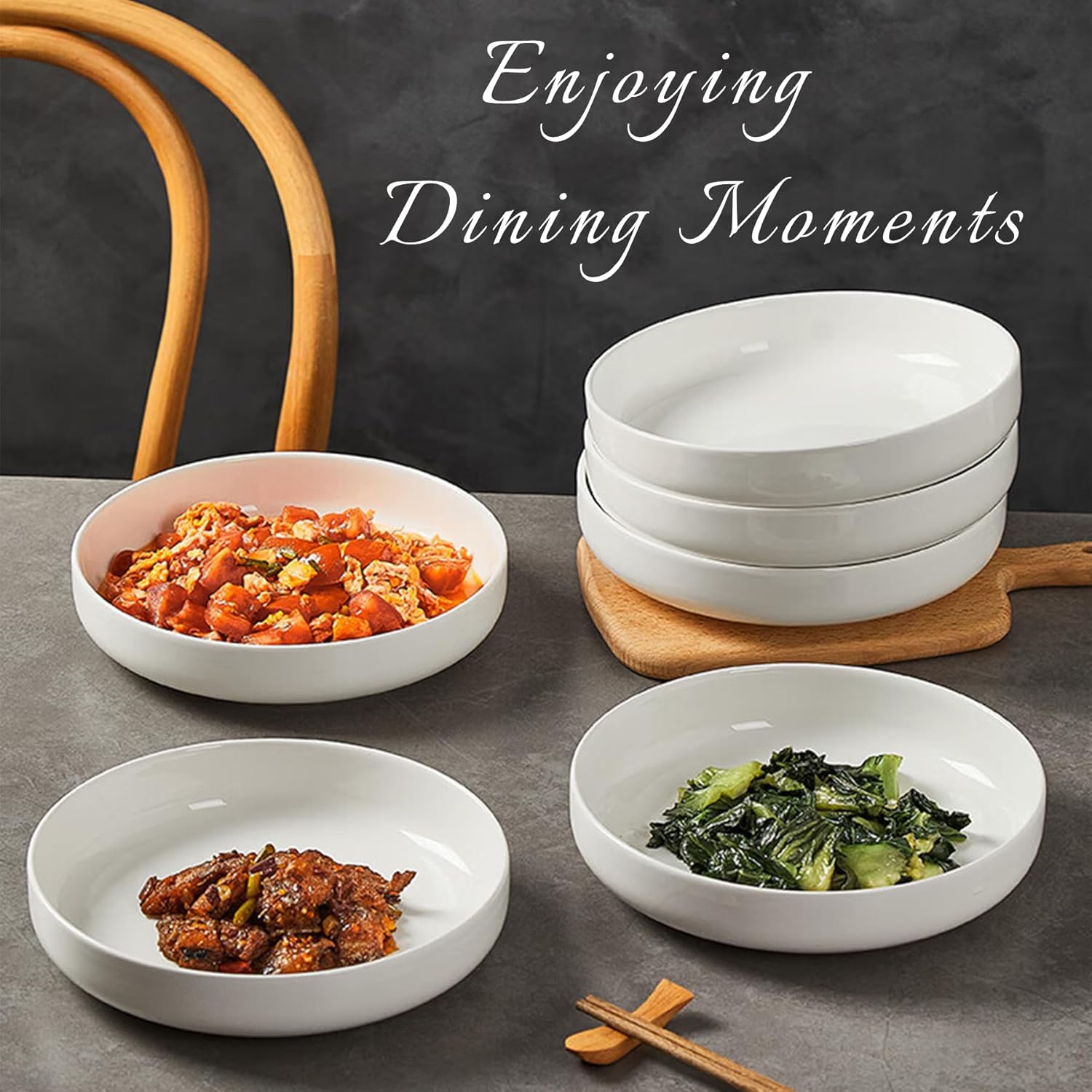 4 Pack Large Ceramic Pasta Bowls, Salad Bowls, Deep Plates, for Serving Soup, Pasta, Noodle, Compact Stack Bowl Set, Microwave and Dishwasher Safe, 8 Inch, White - Image 6